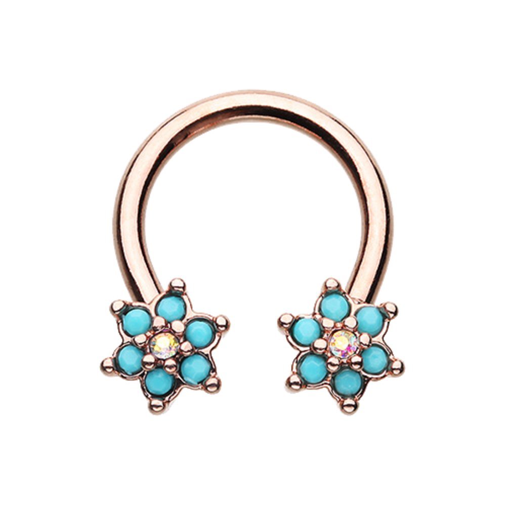 Rose Gold Turquoise Spring Flower Sparkle Horseshoe Circular Barbell - WildKlass Body Jewelry for Belly Rings, Nose Rings & Piercings - Perfect for Spring Festivals, Parties & Boho Fashion