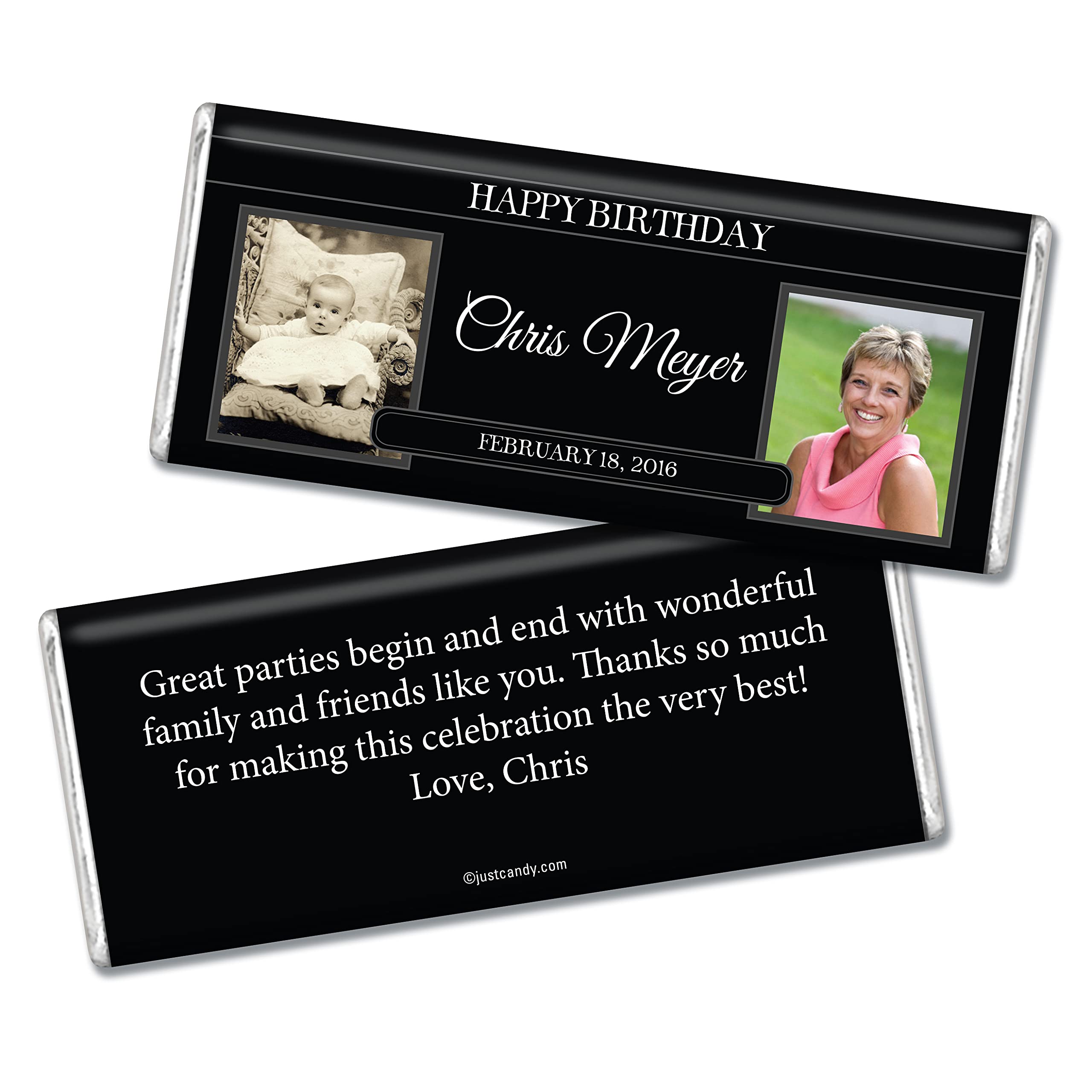Custom 50th 60th 70th 80th 90th Birthday Candy Bar Wrappers - 25 Pack Personalized Photo Party Favors for Adults & All Ages - Elegant Black Design - Perfect for Milestone Birthdays, Retirement Celebrations & Anniversary Parties