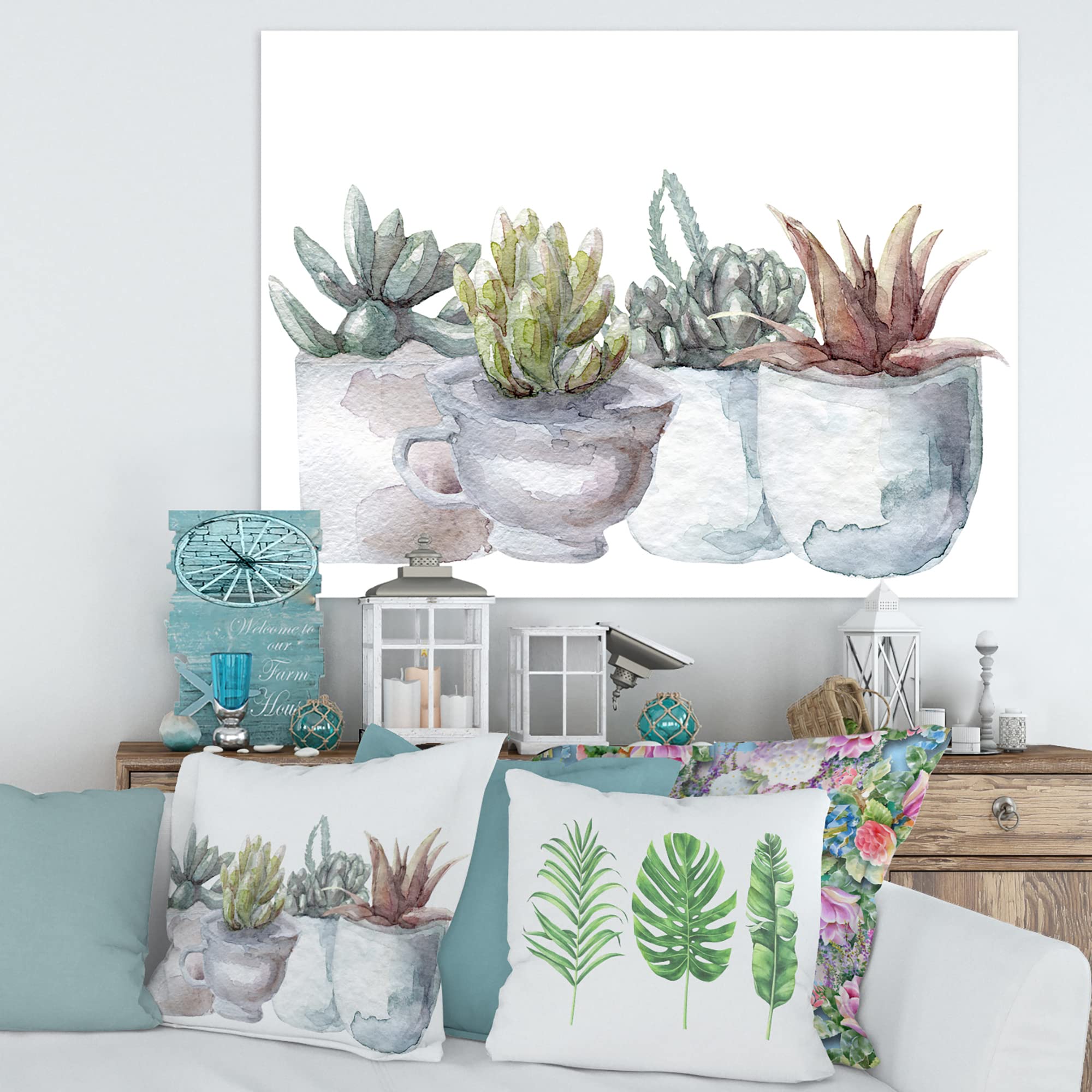 DesignQ Cactus and Succulent House Plants IV Farmhouse Canvas Wall Art - Desert Botanical Decor for Living Room, Bedroom & Office