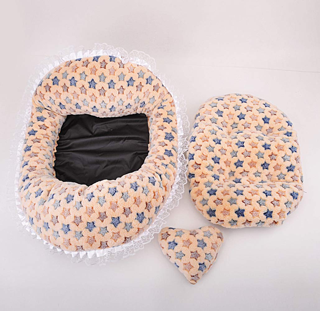 Luxury Lace Polka Dot Dog Bed with Pillow - Soft & Comfortable Pet Bed for Small & Medium Dogs - Perfect for Home, Crate, or Travel (Coffee-Stars Design)