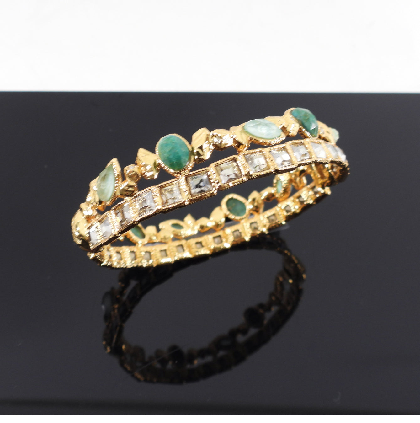 Alexis Bittar Green Crystal Embellished Gold Tone Bangle Bracelet for Women - Elegant Statement Jewelry for Parties, Weddings & Special Occasions