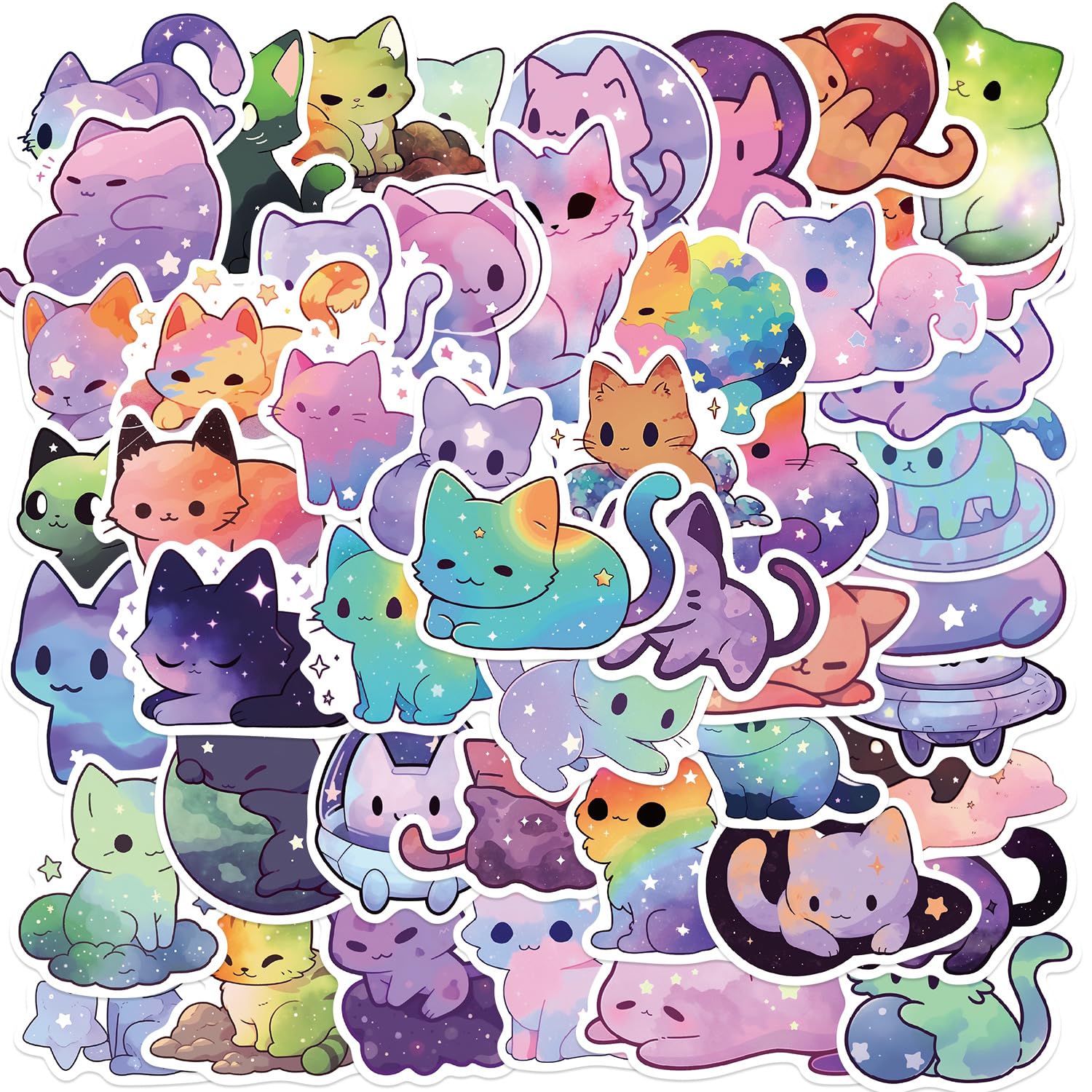 50Pcs Cartoon Space Cat Stickers - Waterproof Vinyl Kawaii Decals for Journaling, Laptop, Water Bottle & Phone Decor - Cute Aesthetic Cat Stickers for Adults & Teens - Perfect for DIY Crafts, Scrapbooking & Gift Wrapping