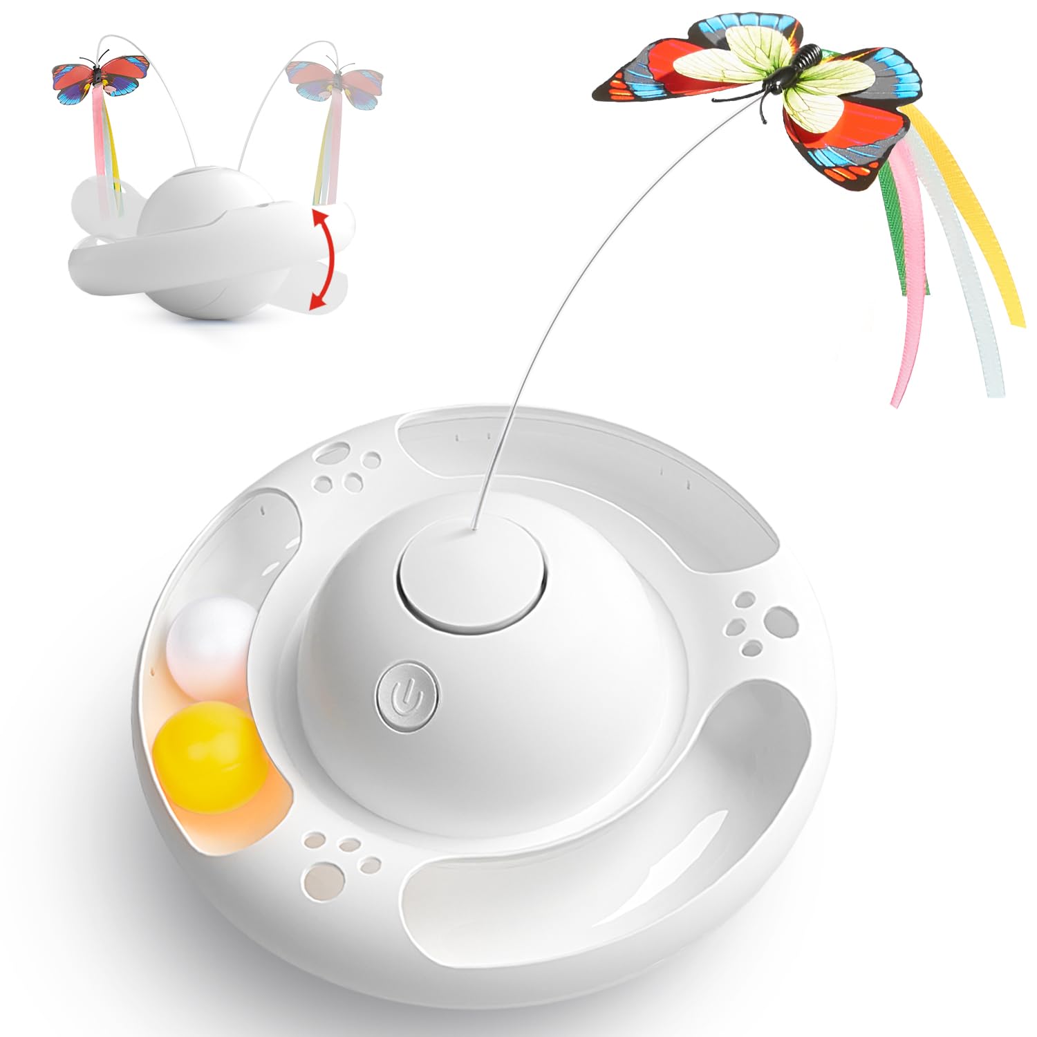 Potaroma Electric Fluttering Butterfly Cat Toy - Smart Interactive Electronic Kitten Toy with Bell Track Balls for Indoor Exercise & Play - Requires 3 AA Batteries (Bright White) - Perfect for Stimulating Playtime & Keeping Cats Active