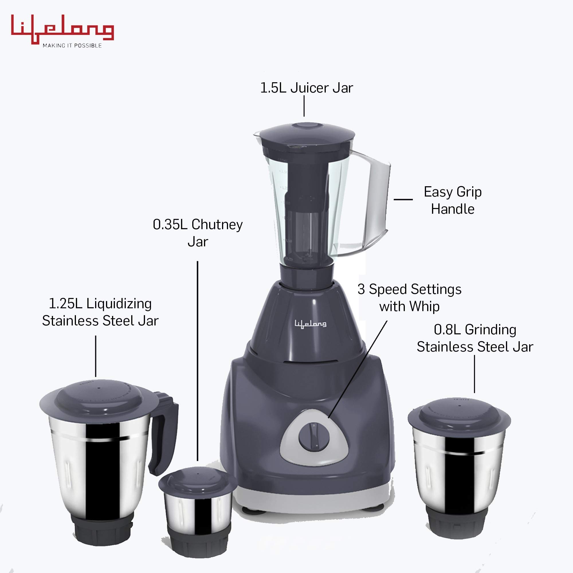 Refurbished Lifelong Power VX 750Watt Juicer Mixer Grinder with 3 Stainless Steel Jars & 1 Juicer Jar (Grey) - Perfect for Smoothies, Juicing & Grinding Spices - LLMG750-cr
