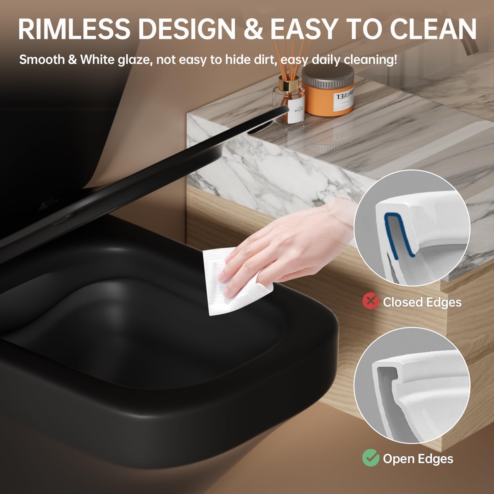 SUPERFLO Modern Square Wall Mounted Toilet Bowl with Soft Closing Seat - One Piece Black Wall Hung Toilet for Bathroom, Rear Outlet Design (Tank & Bracket Not Included) | Perfect for Contemporary Homes, Luxury Apartments & Space-Saving Bathroom Renovations