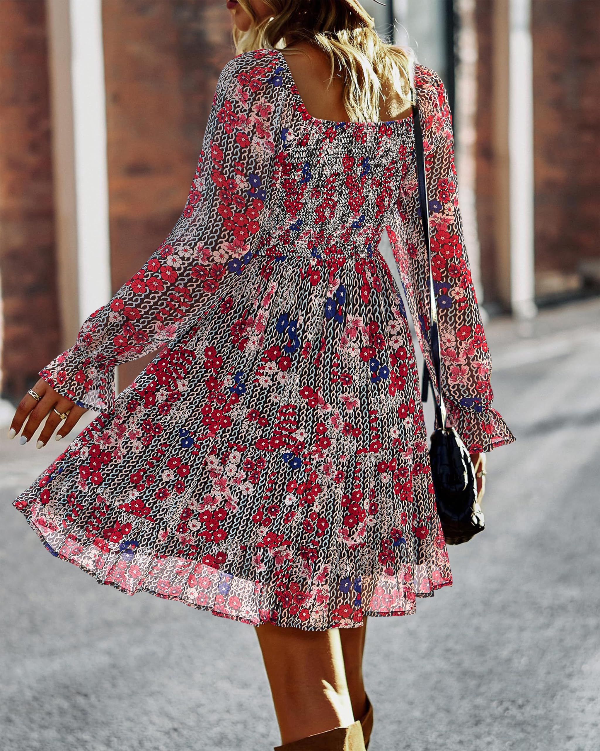 BTFBM Women's Floral Swiss Dot Boho Dress - Square Neck Smocked Long Sleeve Mini Dress for Spring Summer 2025 | Perfect for Wedding Guest, Garden Party & Casual Outings