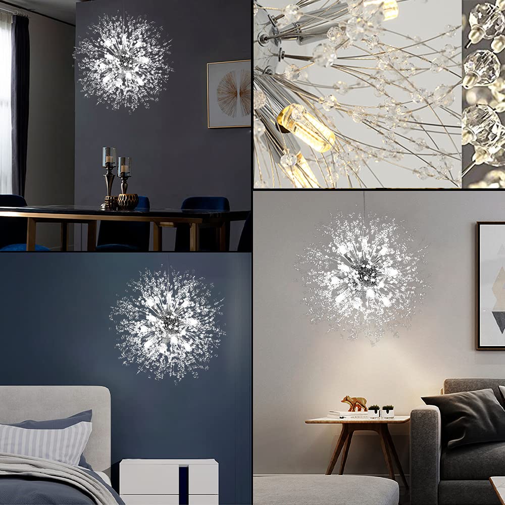 Modern Firework Chrome Crystal Chandelier - 12-Light Sputnik Dandelion Pendant Lighting Fixture for Dining Room, Living Room, Bedroom, Kitchen & Restaurant | Elegant Ceiling Decor for Home, Hotel and Commercial Spaces