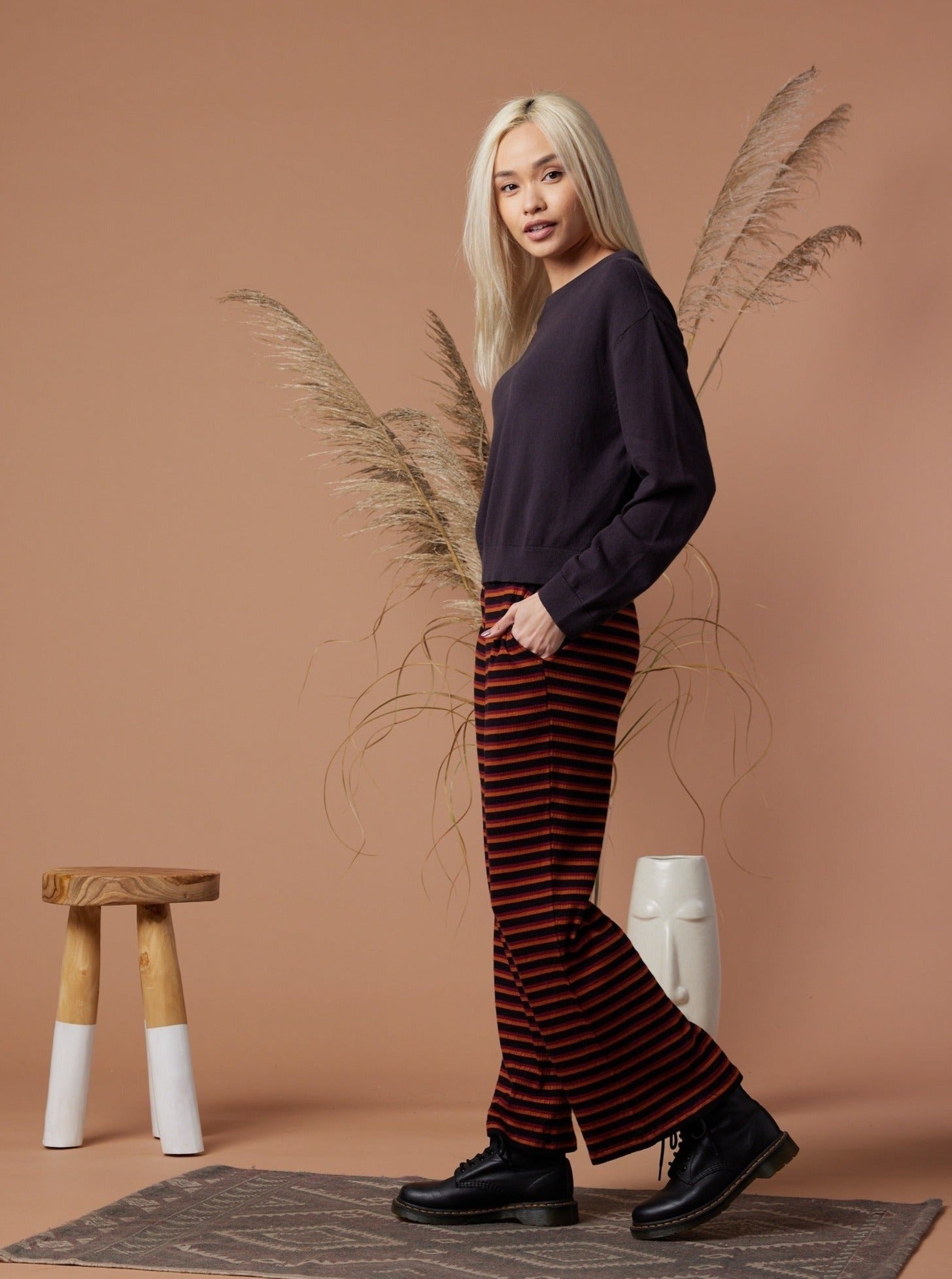 Echo Pant Women's High Waisted Wide Leg Pants - Deep Mauve Striped Casual Lounge Pants for Yoga, Travel & Everyday Wear