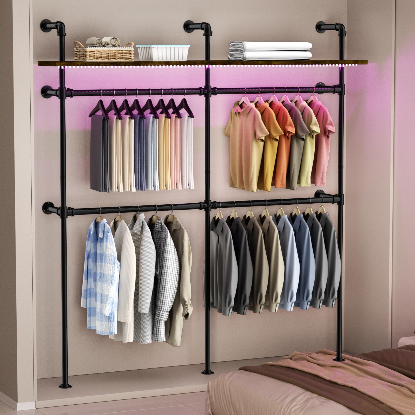 ROOMTEC Heavy Duty Industrial Pipe Clothing Rack - Wall Mounted Garment Rack with LED Lights & Shelves, Walk-in Closet System for Home, Office, or Retail Store Organization