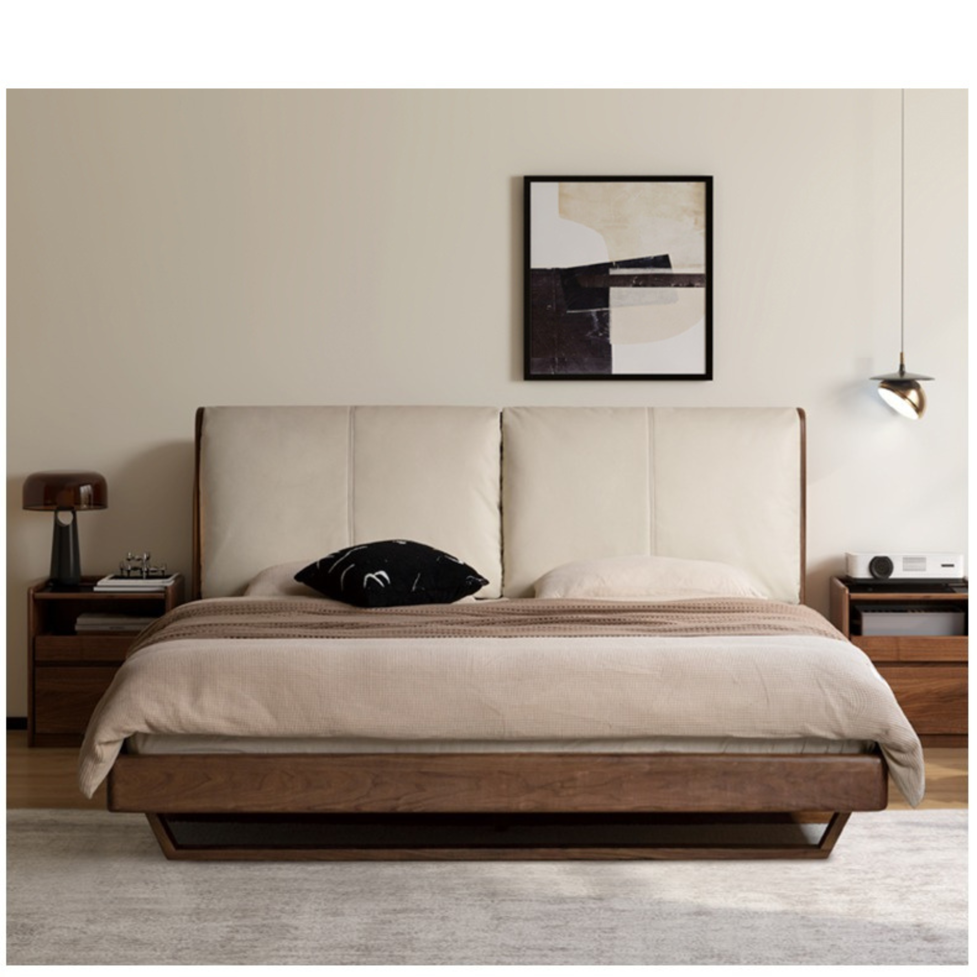 Luxury Black Walnut Solid Wood Bed with Genuine Italian Leather Headboard - Soft Upholstered Bed Frame for Master Bedroom, Guest Room & Modern Home Decor