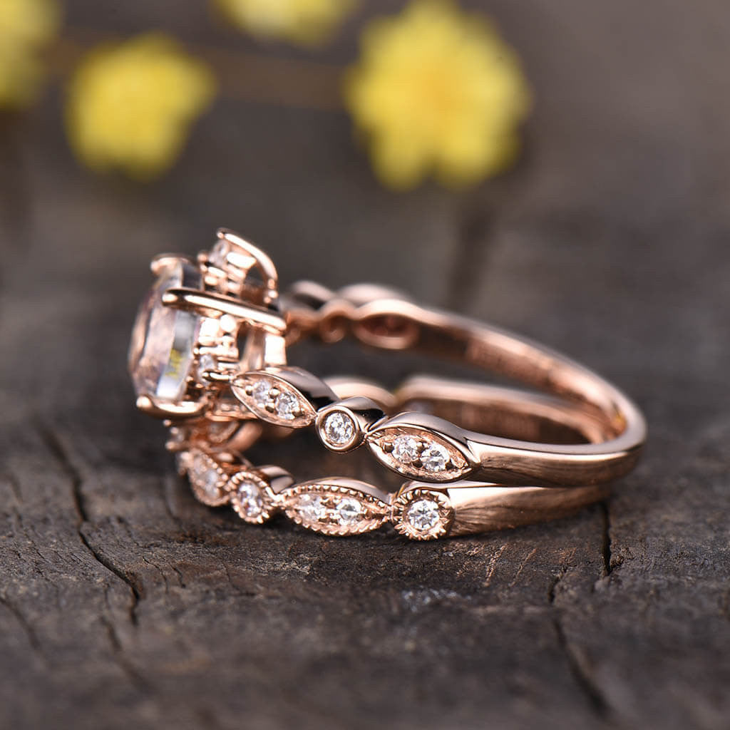 Vintage Art Deco Moonstone Diamond Rose Gold Engagement Ring Set for Women - 2 Piece Promise & Wedding Band - Perfect for Proposals, Anniversaries & Romantic Gifts