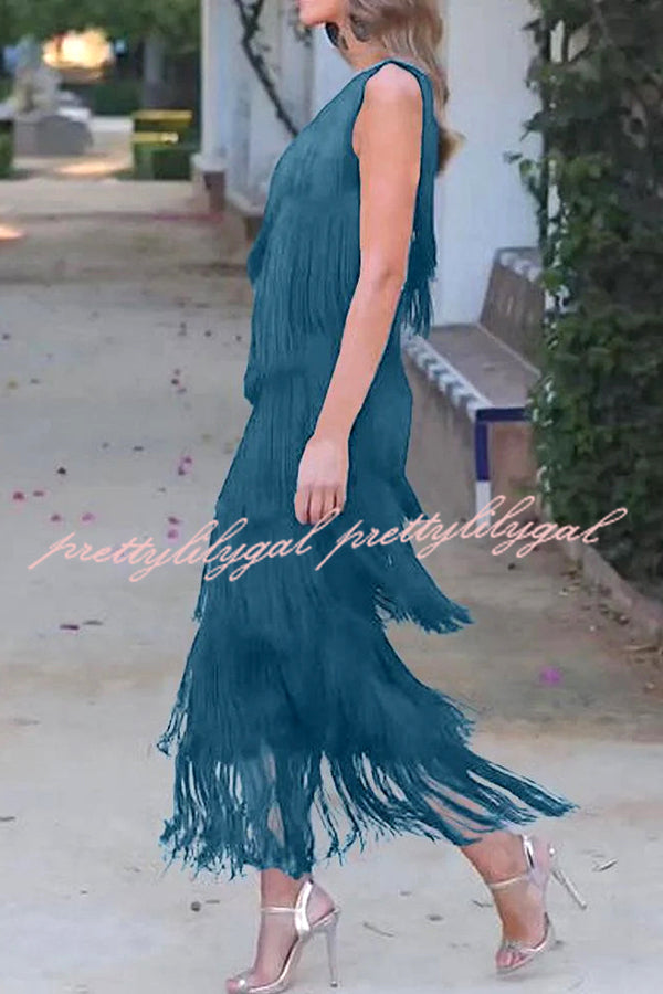 Elegant Fringed One Shoulder Asymmetric Midi Dress for Women - Boho Chic Party, Cocktail & Evening Wear - Perfect for Weddings, Date Nights & Special Occasions