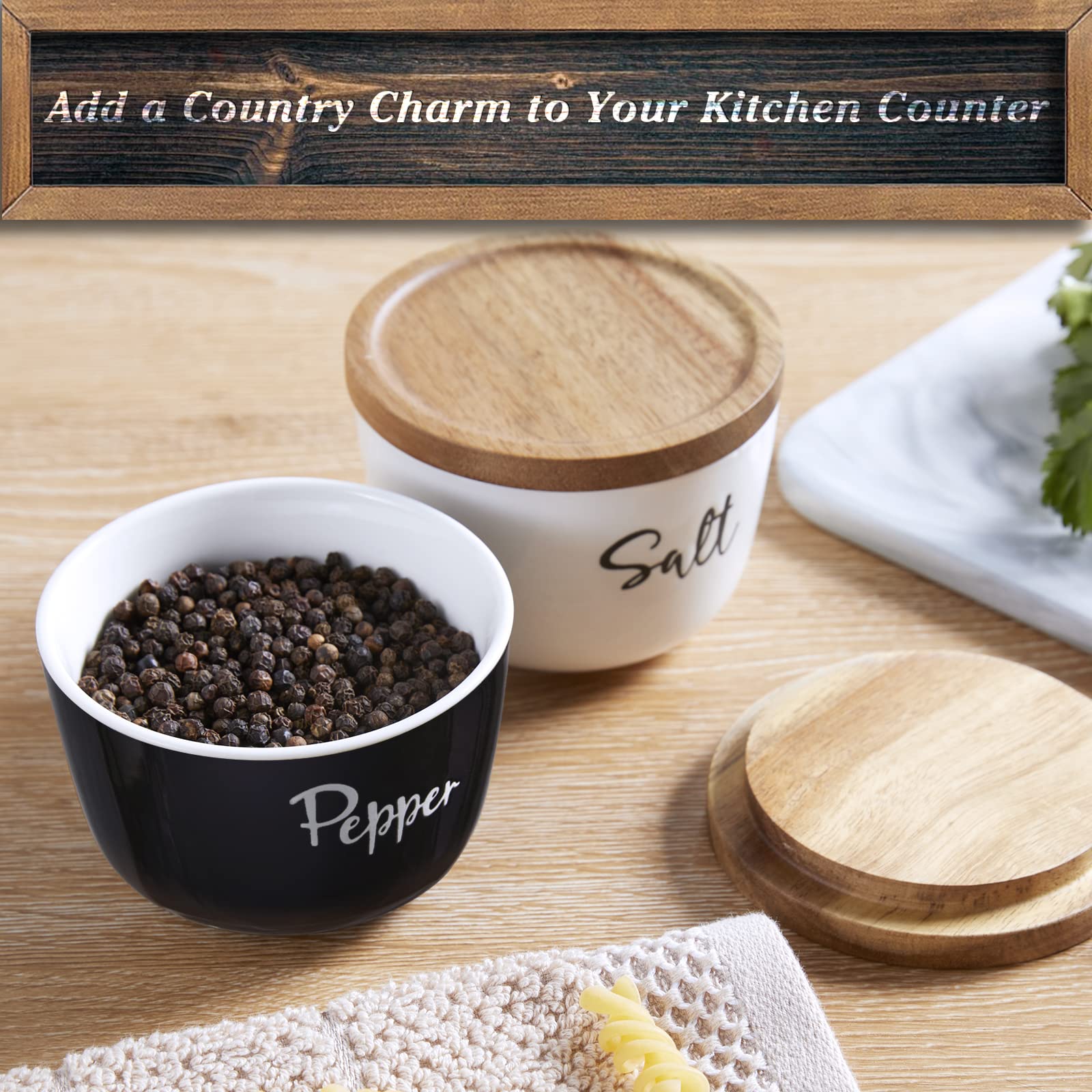 Premium 10 oz Ceramic Salt and Pepper Bowls with Acacia Wood Lid - Stackable Countertop Salt Cellar Set of 2, Black & White Kitchen Decor for Dining Table, Cooking, and Gift Giving