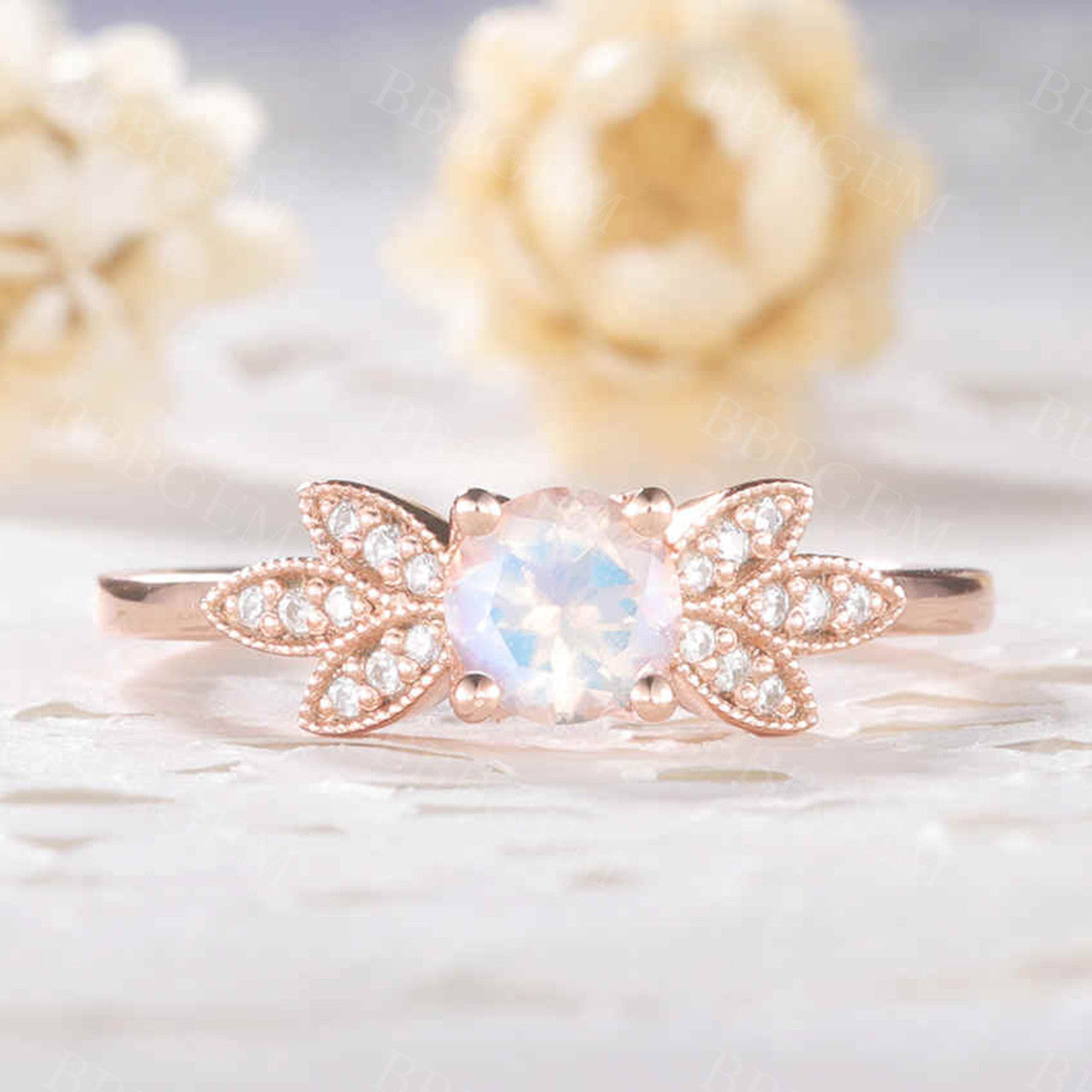 Rainbow Moonstone Diamond Engagement Ring in Rose Gold – Unique Bridal Jewelry for Women | Perfect for Proposals, Weddings & Anniversary Gifts