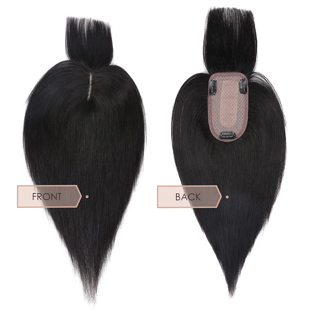 MY-LADY Human Hair Toppers for Women - 150% Density Remy Hair Topper with Silk Base & Bangs - 7x13cm Clip-in Hairpiece for Thinning Hair - 18 Inch Straight #1B Natural Black - Perfect for Daily Wear, Parties & Special Occasions