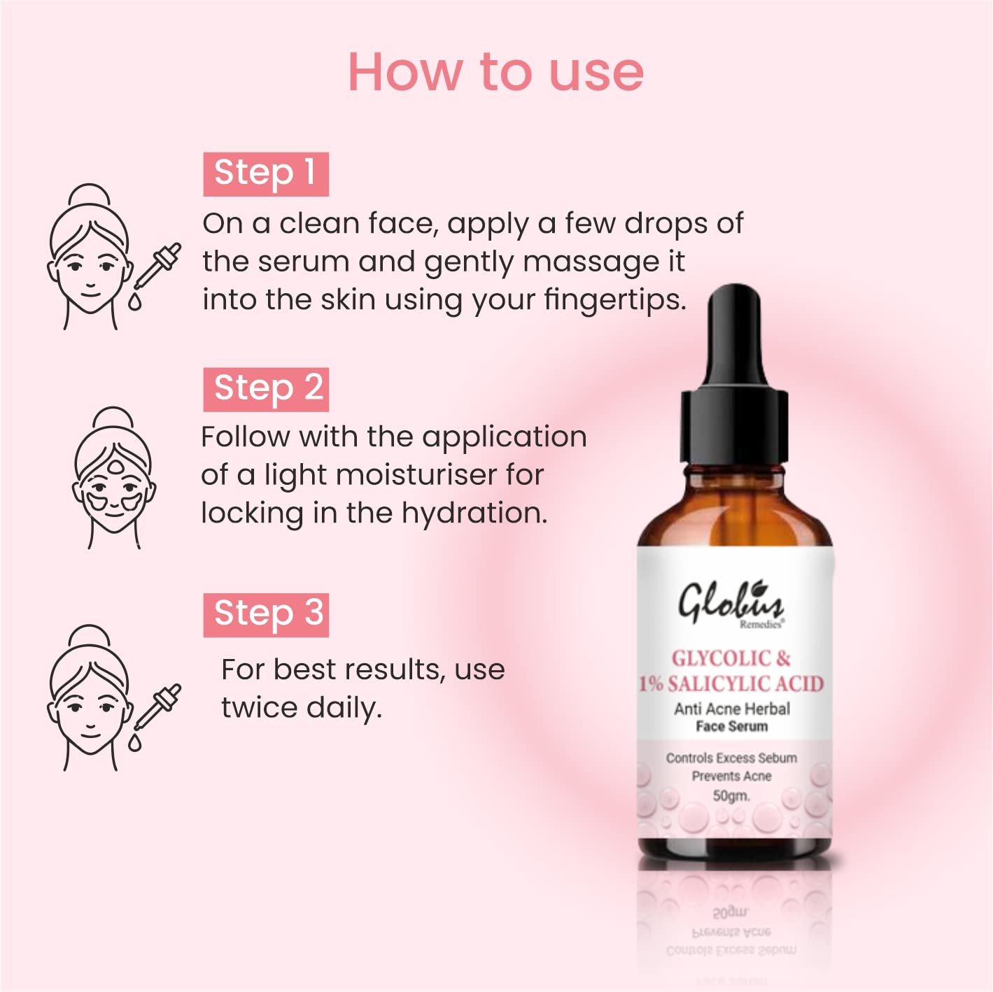 Globus Remedies Glycolic & 1% Salicylic Acid Anti Acne Face Serum for Oily & Acne Prone Skin - 50ml | Exfoliating & Pore Minimizing Treatment | Perfect for Daily Skincare Routine & Blemish Control