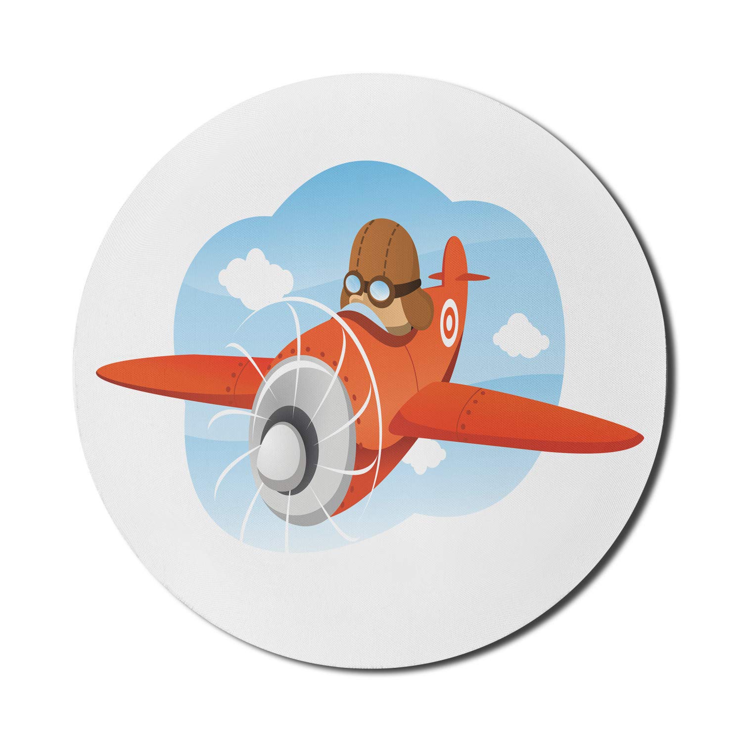Ambesonne Vintage Airplane Mouse Pad - Non-Slip Rubber Gaming Mousepad with Retro Boy Riding Classic Aircraft Design, 8 Inch Round Computer Mouse Mat in Sky Blue & Vermilion - Perfect for Office, Gaming & Home Workspace