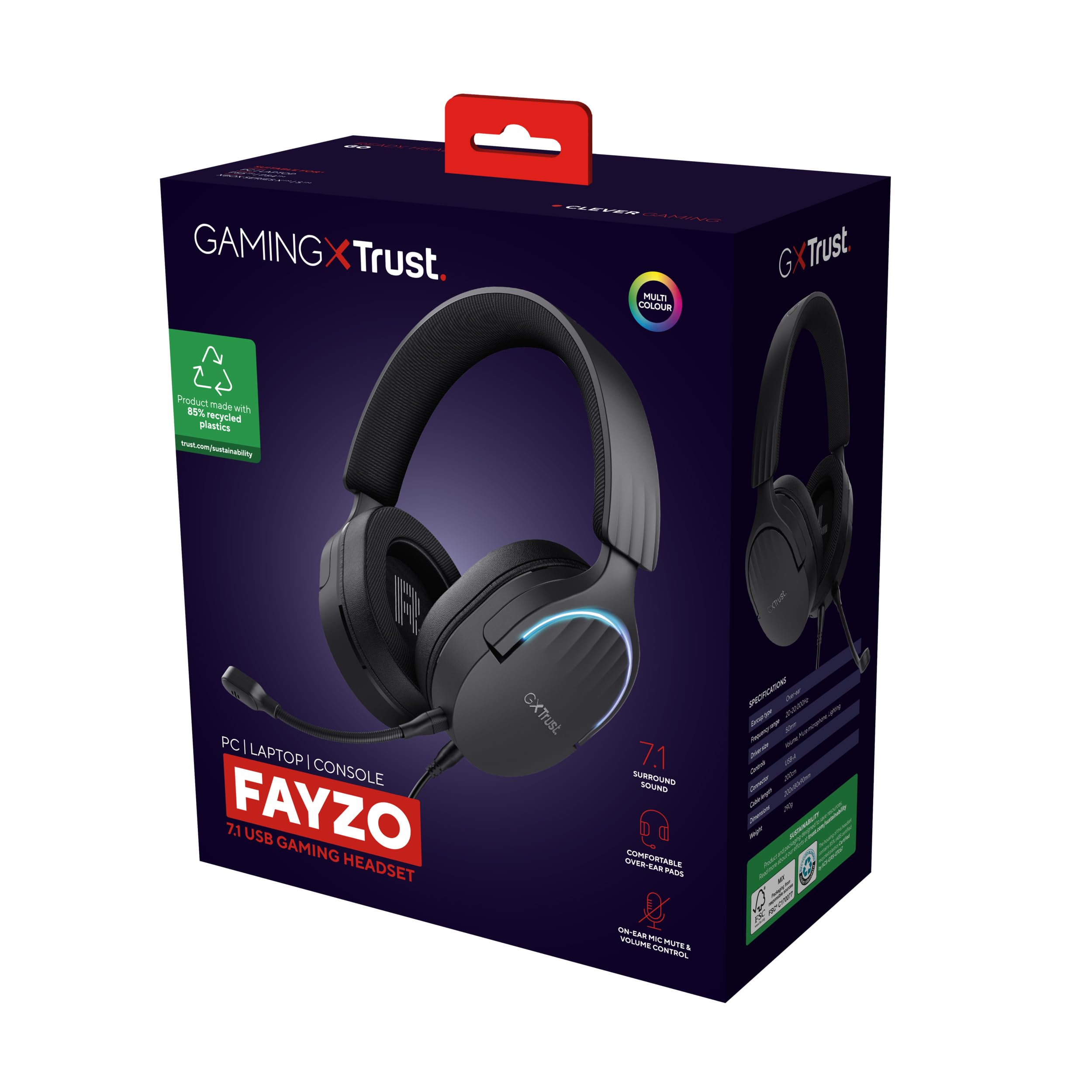 Trust Gaming GXT 490 Fayzo Wired Over-Ear Gaming Headset with 7.1 Surround Sound, 50mm Drivers, RGB Lighting, 85% Recycled Plastics - Noise-Canceling Mic for PC, PS5 (Black) - Perfect for Competitive Gaming & Immersive Audio Experience