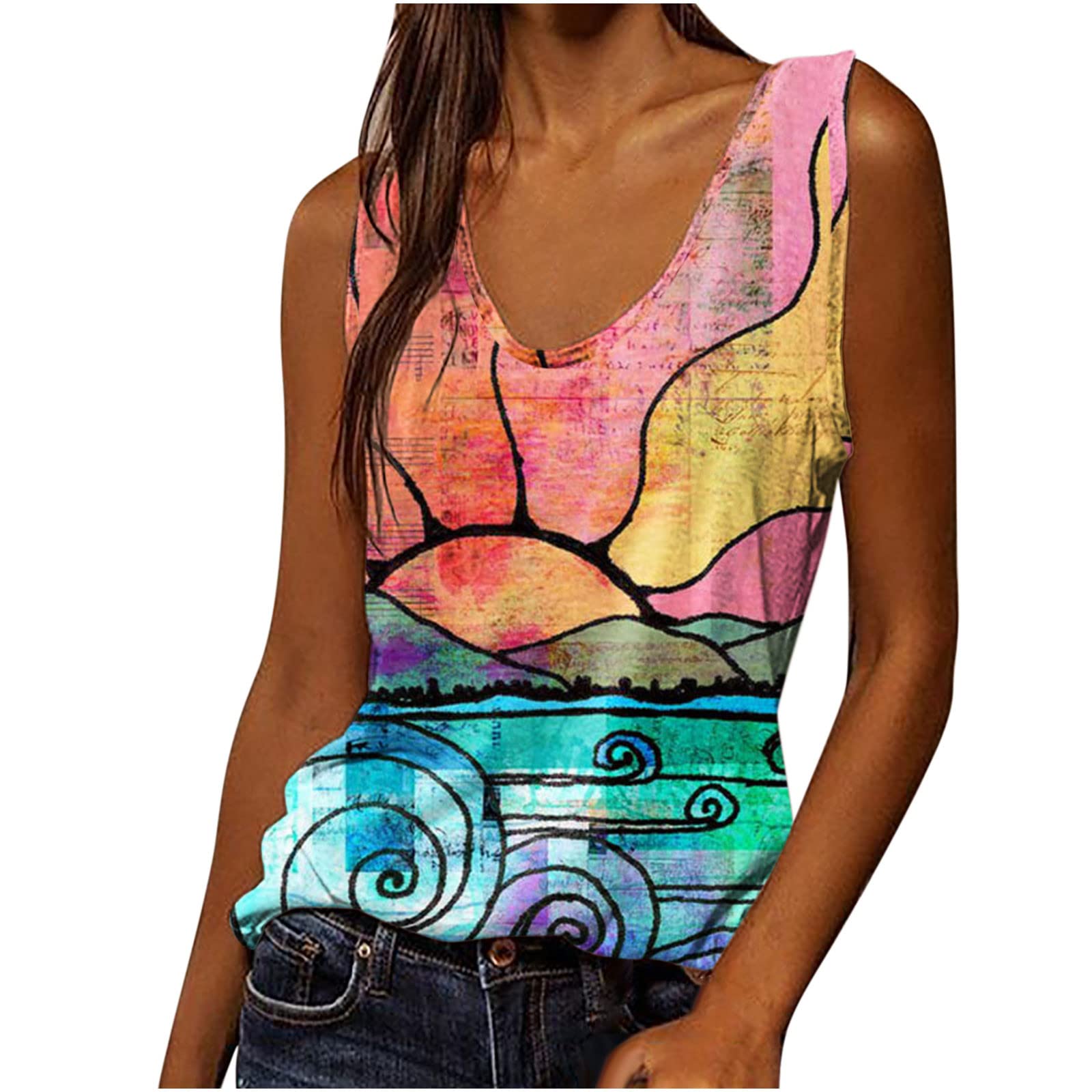 Stylish Women's V-Neck Printed Tank Tops - Plus Size Summer Sleeveless Tees for Casual Wear | Perfect for Beach Outings, Vacation & Everyday Comfort