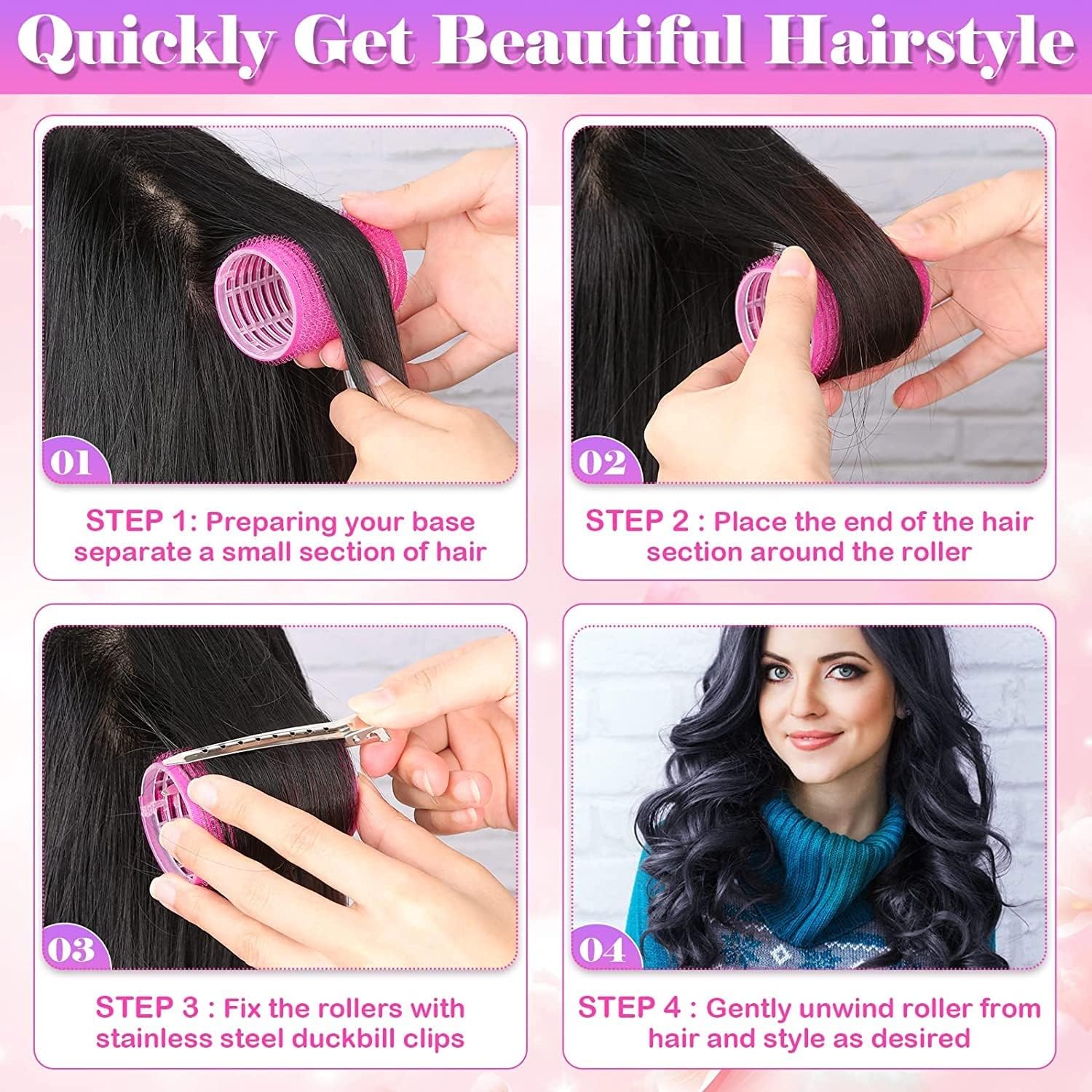 6Pcs Self-Grip Hair Rollers with 12Pcs Stainless Steel Duckbill Clips - Voluminous Curls for Long & Medium Hair - Perfect for Salon Styling & Home Use