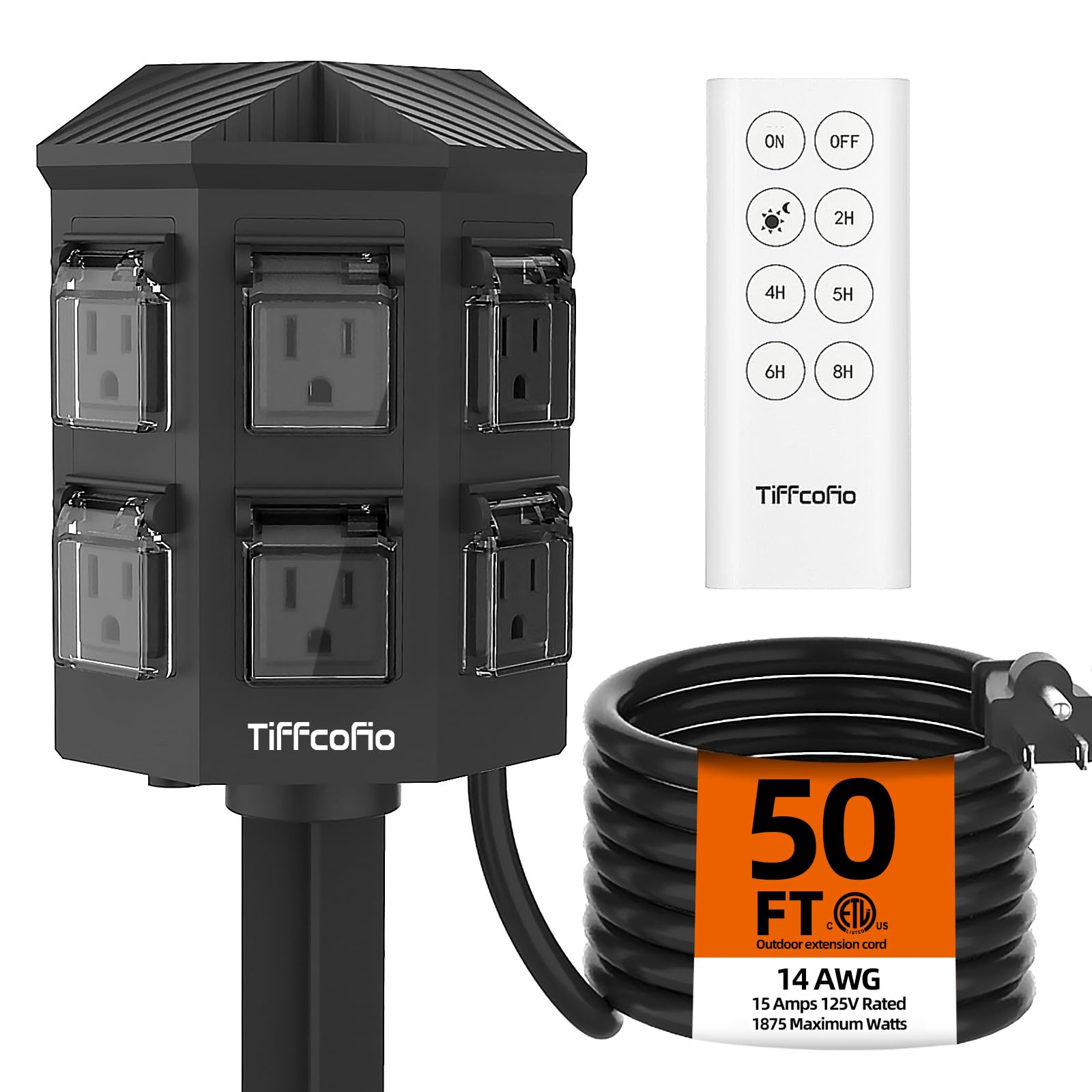 Outdoor Power Stake Timer with 100FT Remote Control - Dusk to Dawn Light Timer, 50FT Waterproof Extension Cord & 6 Grounded Outlets for Holiday Decorations - ETL Certified - Perfect for Christmas Lights, Landscape Lighting & Patio Decor