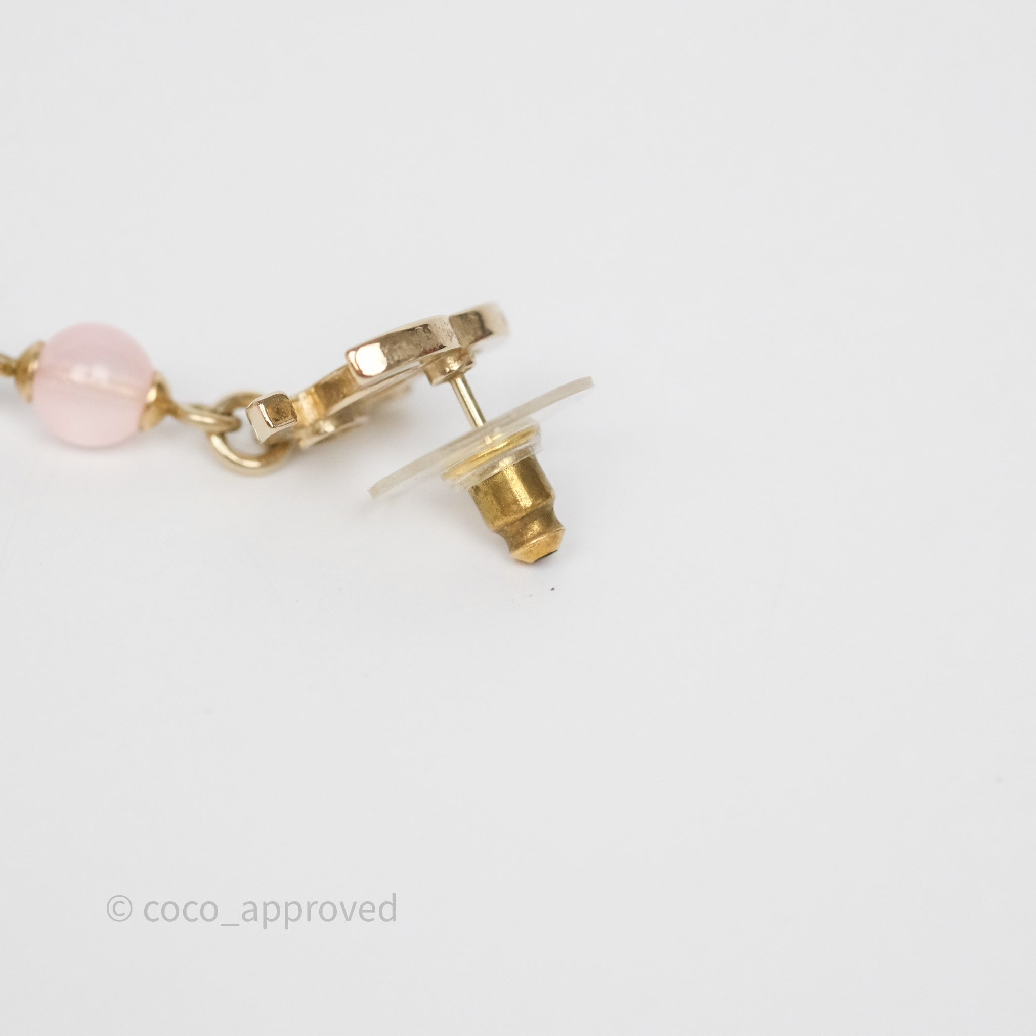 Chanel CC Pink Bead Heart Pearl Crystal Drop Earrings in Gold Tone - Elegant Luxury Jewelry for Women, Perfect for Parties, Weddings & Special Occasions