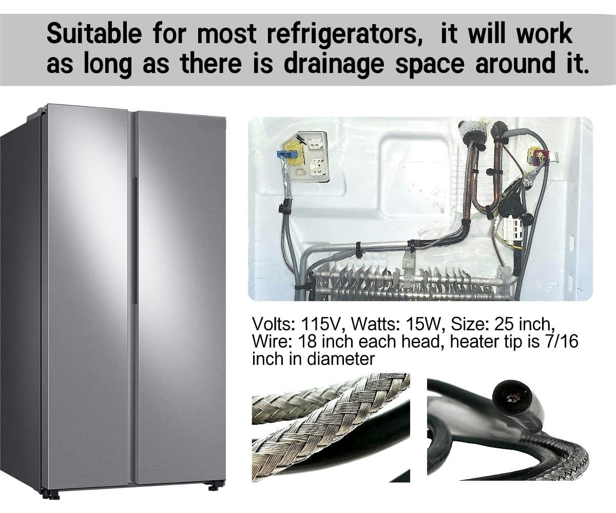 Braided Aluminum Drain Pan Heater - Defrost Drain Heater Compatible with Supco SH201, 115V 15W, 25 Inch Length - Perfect for Refrigerators, Freezers & HVAC Systems to Prevent Ice Buildup