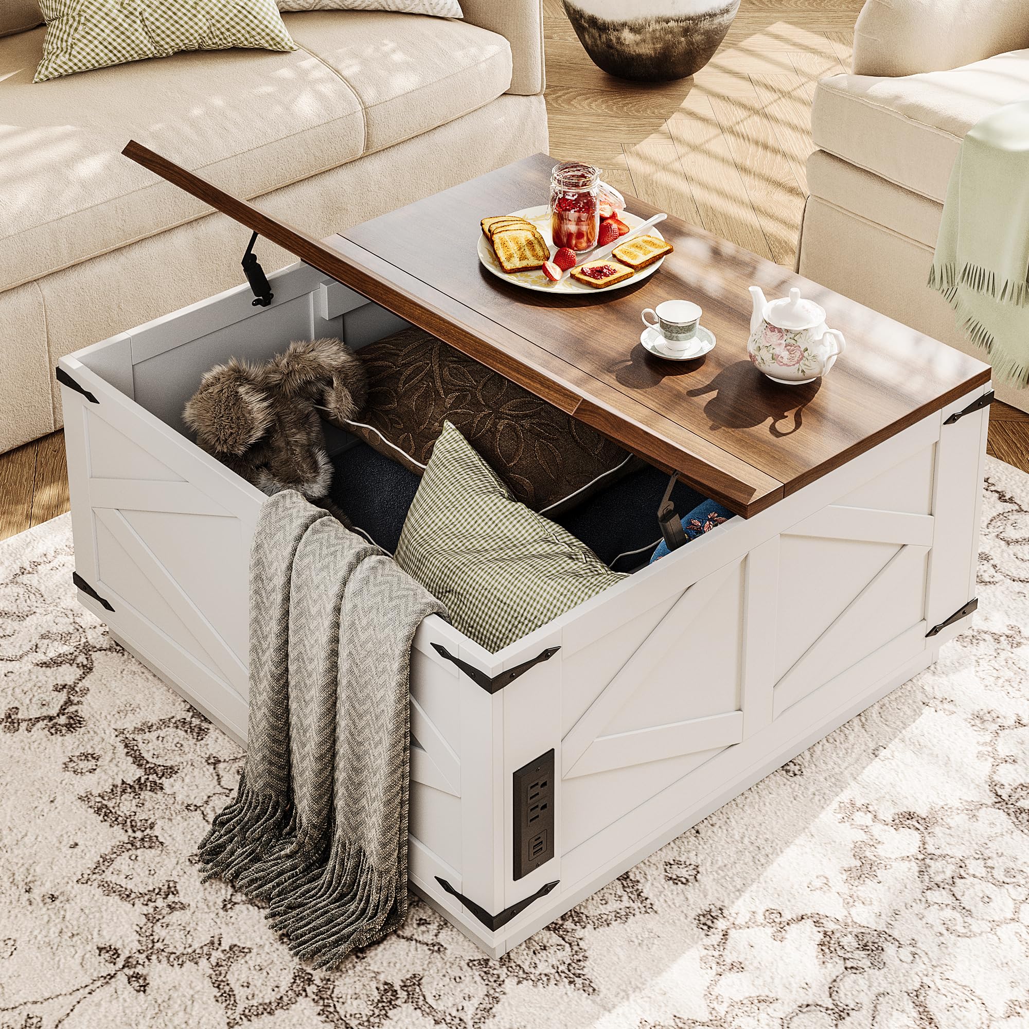 Rustic Lift Top Coffee Table with Storage & LED Light - Farmhouse Square Wood Center Table with Charging Station & Hidden Compartment - Perfect for Living Room, Family Gatherings & Home Decor (White)
