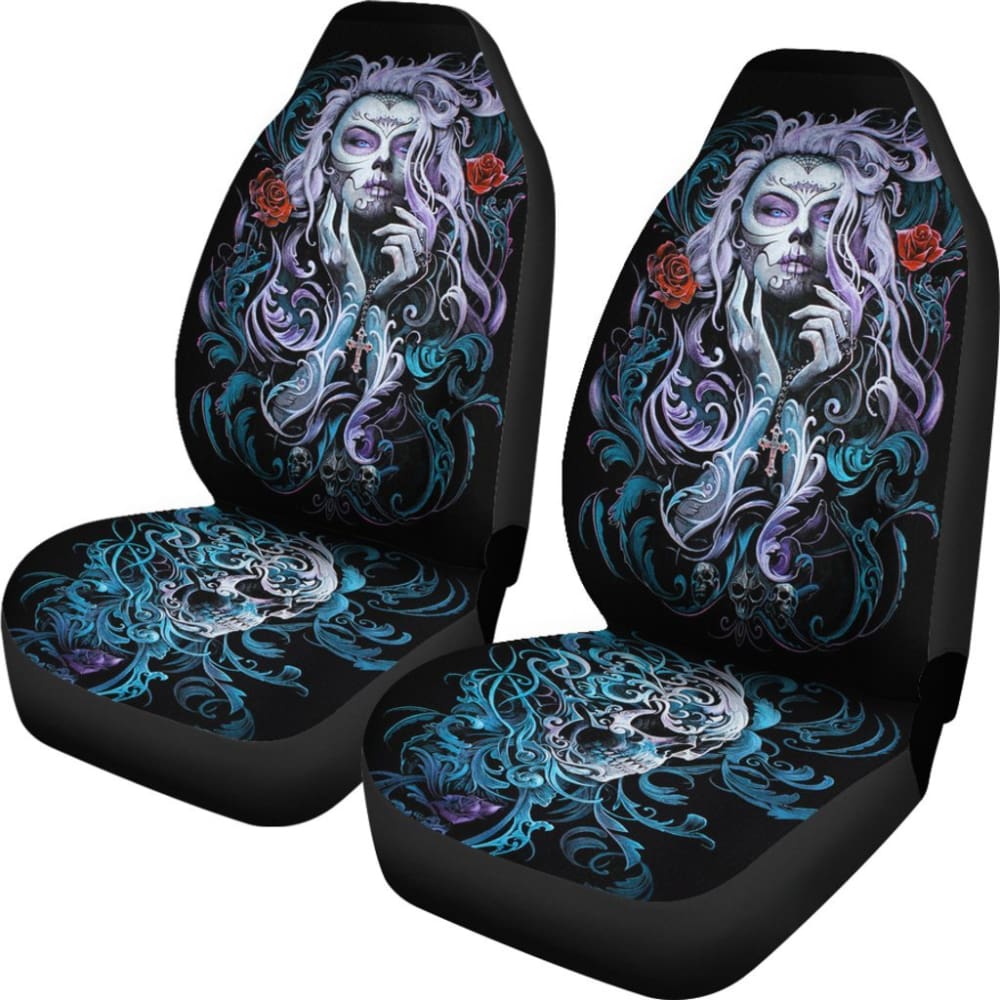 2 Pcs Sugar Skull Girl Car Seat Covers - Gothic Mexican Day of the Dead Design, Universal Fit for Cars, Trucks & SUVs - Perfect for Halloween Decorations, Dia de Los Muertos Celebrations & Themed Car Accessories