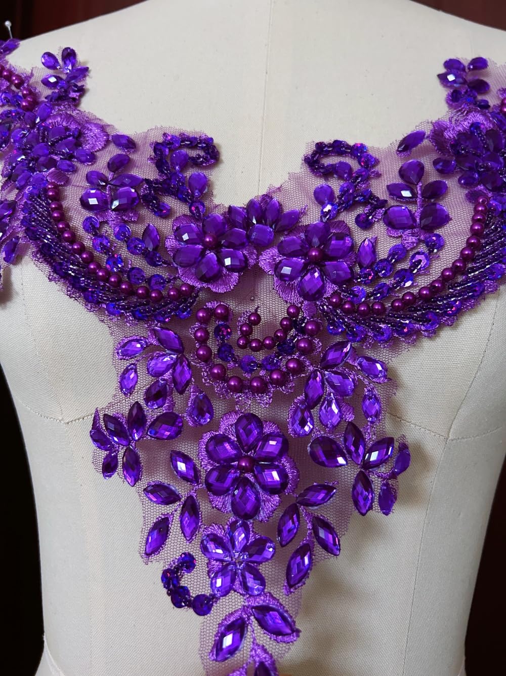 Lace Flower Beads Pearl Patches - Sew on Rhinestone Appliques for Dresses & Clothing Necklines (Purple) | Elegant Embellishments for Wedding Gowns, Prom Dresses & DIY Fashion Projects