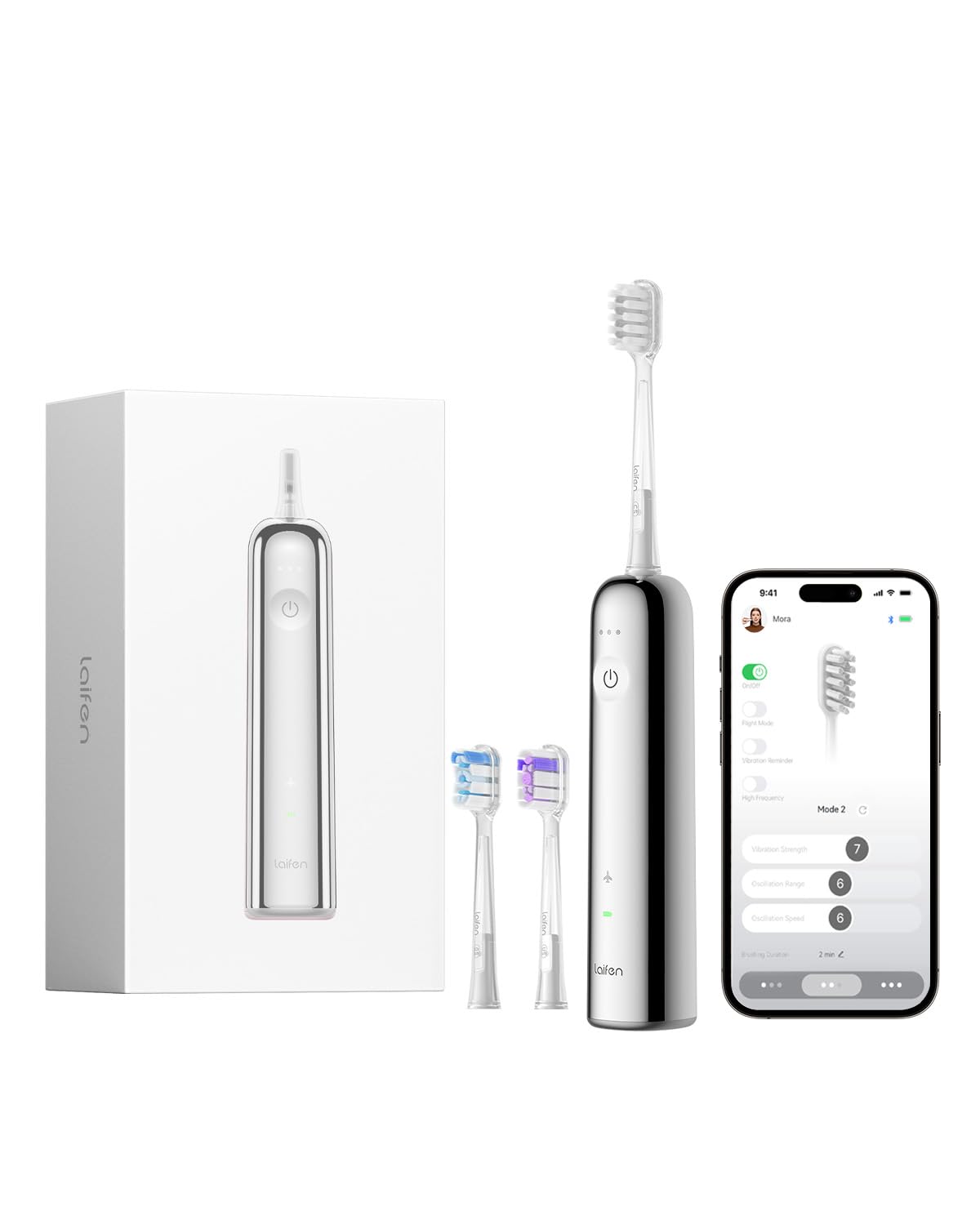 Laifen Wave Electric Toothbrush for Adults - Sonic Toothbrush with 30000 Oscillations & 5 Cleaning Modes, Smart App Connectivity, 3 Brush Heads, IPX7 Waterproof, Magnetic Fast Charging, Travel Case Included (Stainless Steel) - Perfect for Home Use, Travel & Gifts
