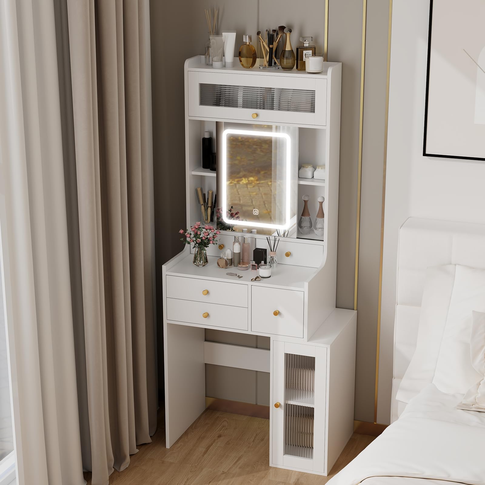 ARTETHYS Small Vanity Desk with Sliding Mirror & LED Lights - White Makeup Dressing Table with Drawers, Cabinet & Adjustable Shelves - Compact Bedroom Vanity Set for Women, Girls | Perfect for Small Spaces & Home Decor