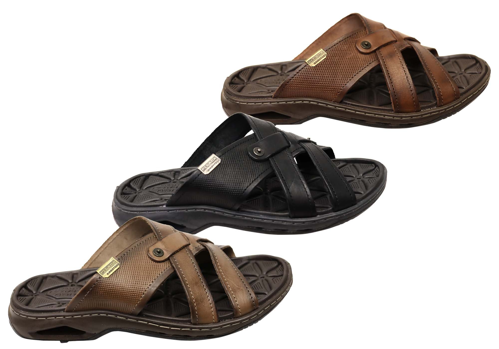 Premium Men's Leather Slides Sandals - Handmade in Brazil - Comfortable & Durable for Casual Wear, Beach, Poolside & Home Relaxation