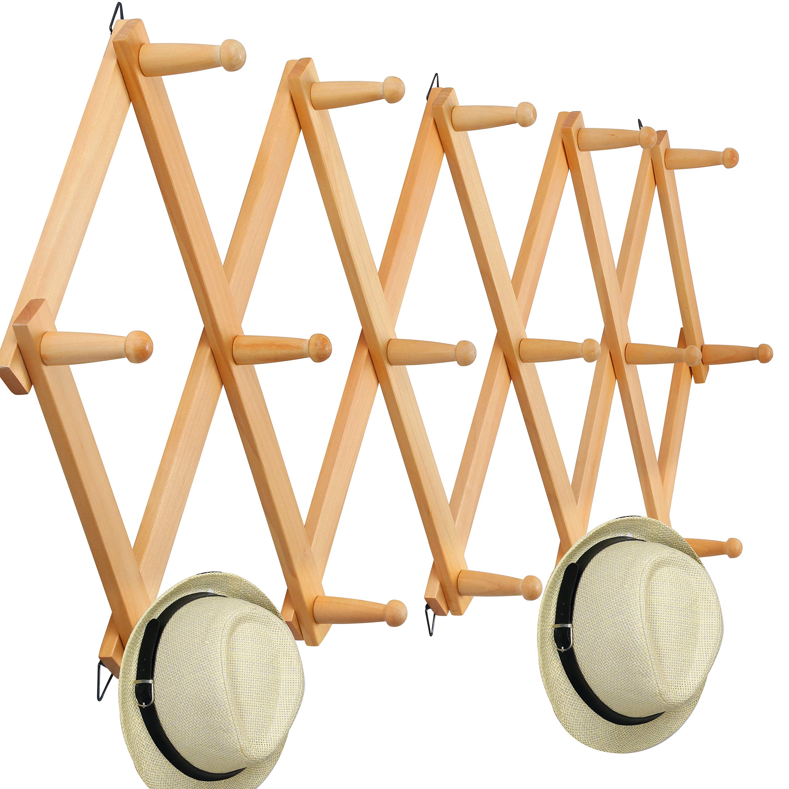 Expandable Wooden Wall Hanger - 16 Peg Hooks for Hats & Coats - Space Saving Home Organizer