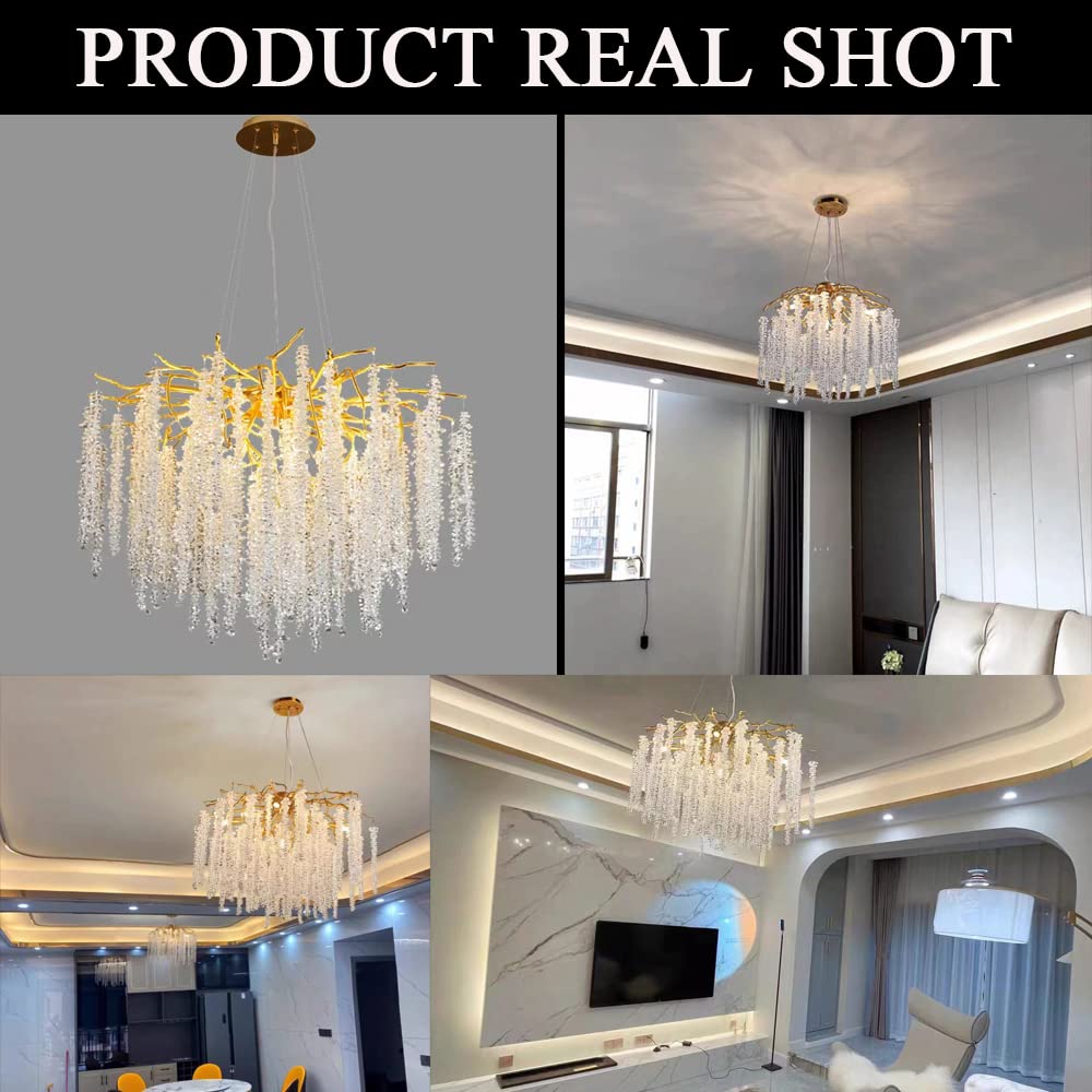 Luxury Gold Crystal Tree Branches Chandelier - 9-Light Round Raindrop Pendant Ceiling Fixture with Tassel, 23.7