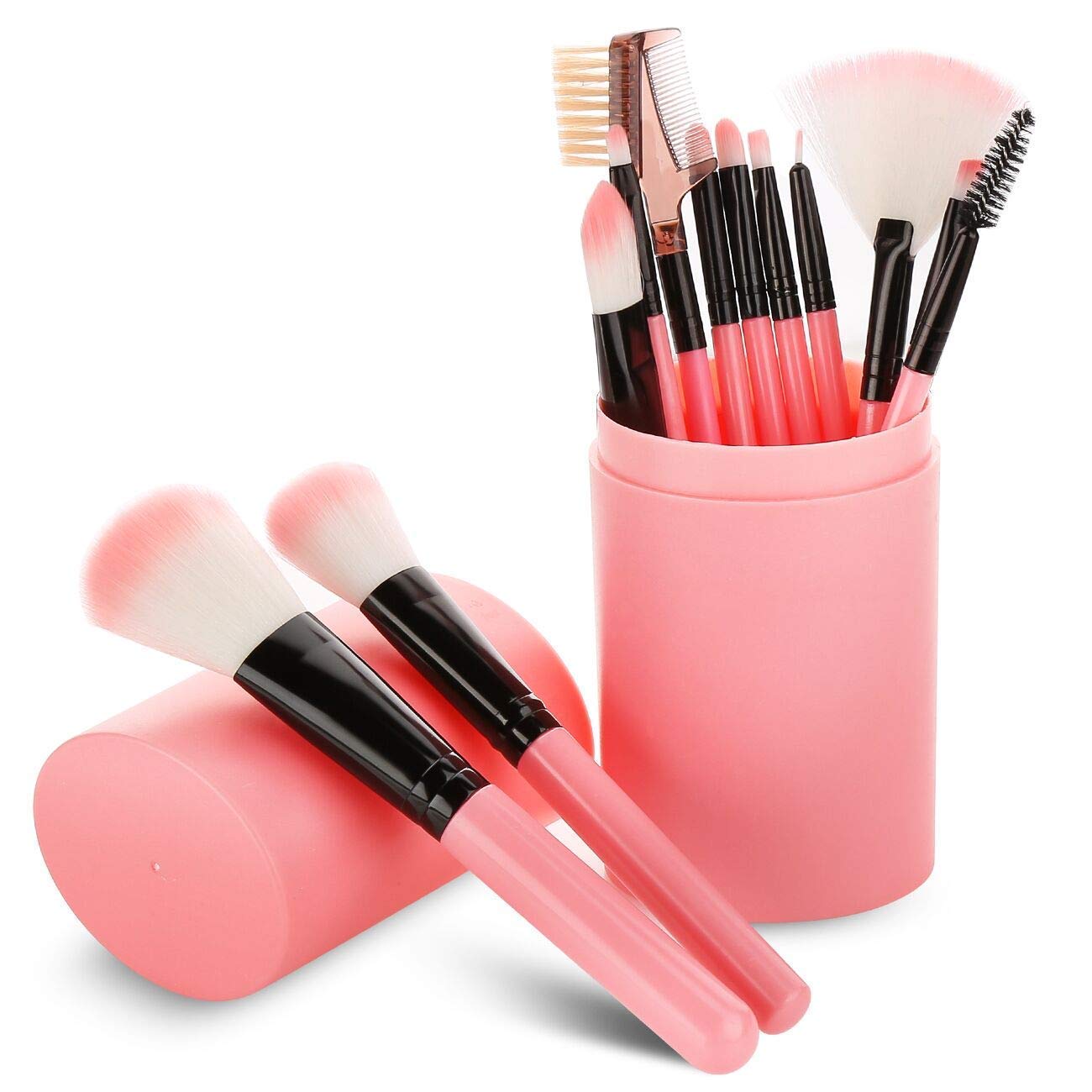 LOCANS 12-Piece Synthetic Bristle Makeup Brush Set with Storage Barrel Bottle - Soft Pink Makeup Brushes for Foundation, Blending, Eyeshadow | Perfect for Professional Makeup Artists & Beginners at Home