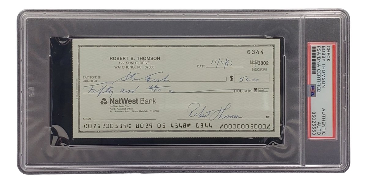Bobby Thomson New York Giants Autographed Bank Check with PSA/DNA Certification 85025553 - Perfect for Sports Memorabilia Collectors and Baseball Fans