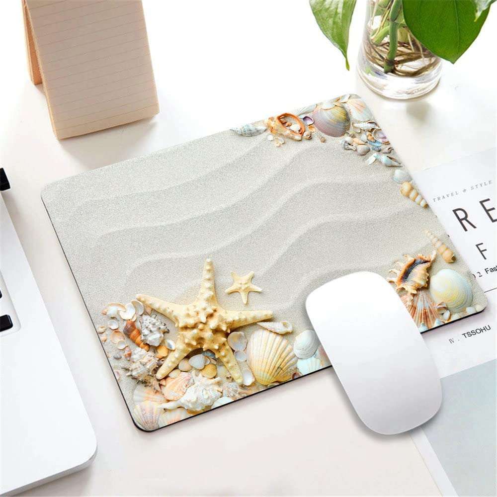 Non-Slip Starfish Mouse Pad with Colorful Seashells Design - Custom Rubber Base Computer Mousepad for Wireless Mouse - Perfect for Office, Gaming & Home Workspace