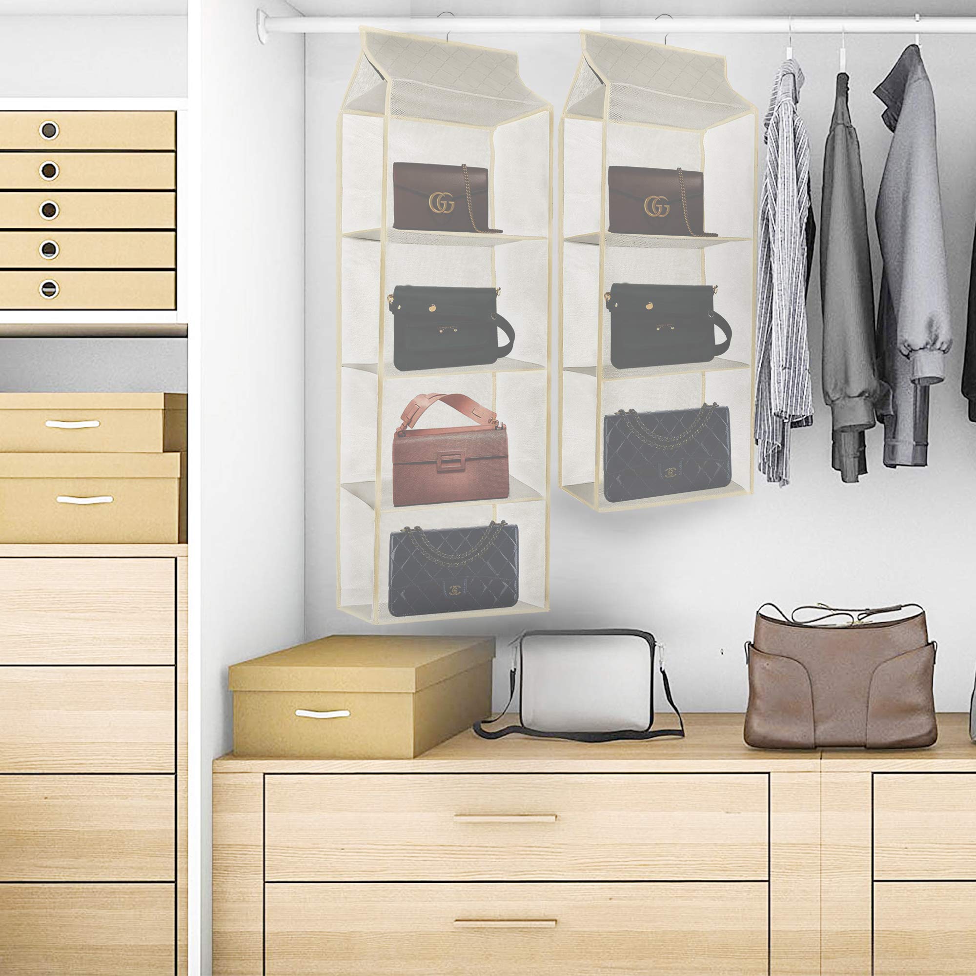 2 Pack Hanging Handbag & Purse Organizer for Closet - Space Saving Bag Storage Holder with 4 Shelves & 3 Shelves - Perfect for Wardrobe, Closet, and Bedroom Organization (Beige) - Ideal for Storing Purses, Handbags, Totes, and Accessories