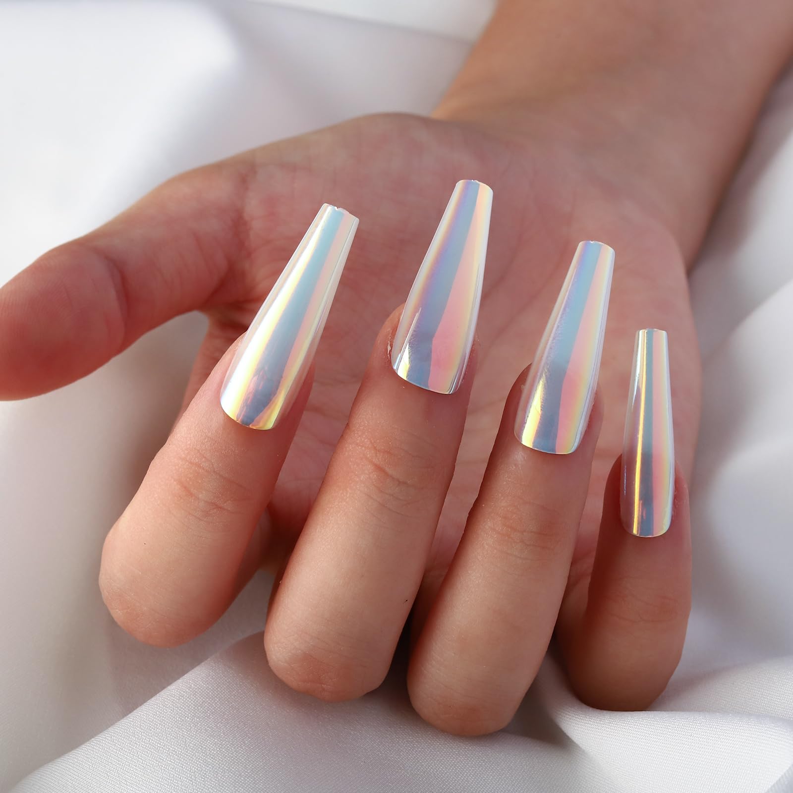 Chrome Press on Nails Ballerina Long Coffin False Nails - 24pcs Holographic Mirror Glue on Nails with Chameleon Metallic Effect - Luxury Full Cover Acrylic Artificial Nails for Women & Girls - Perfect for Parties, Weddings, and Special Occasions