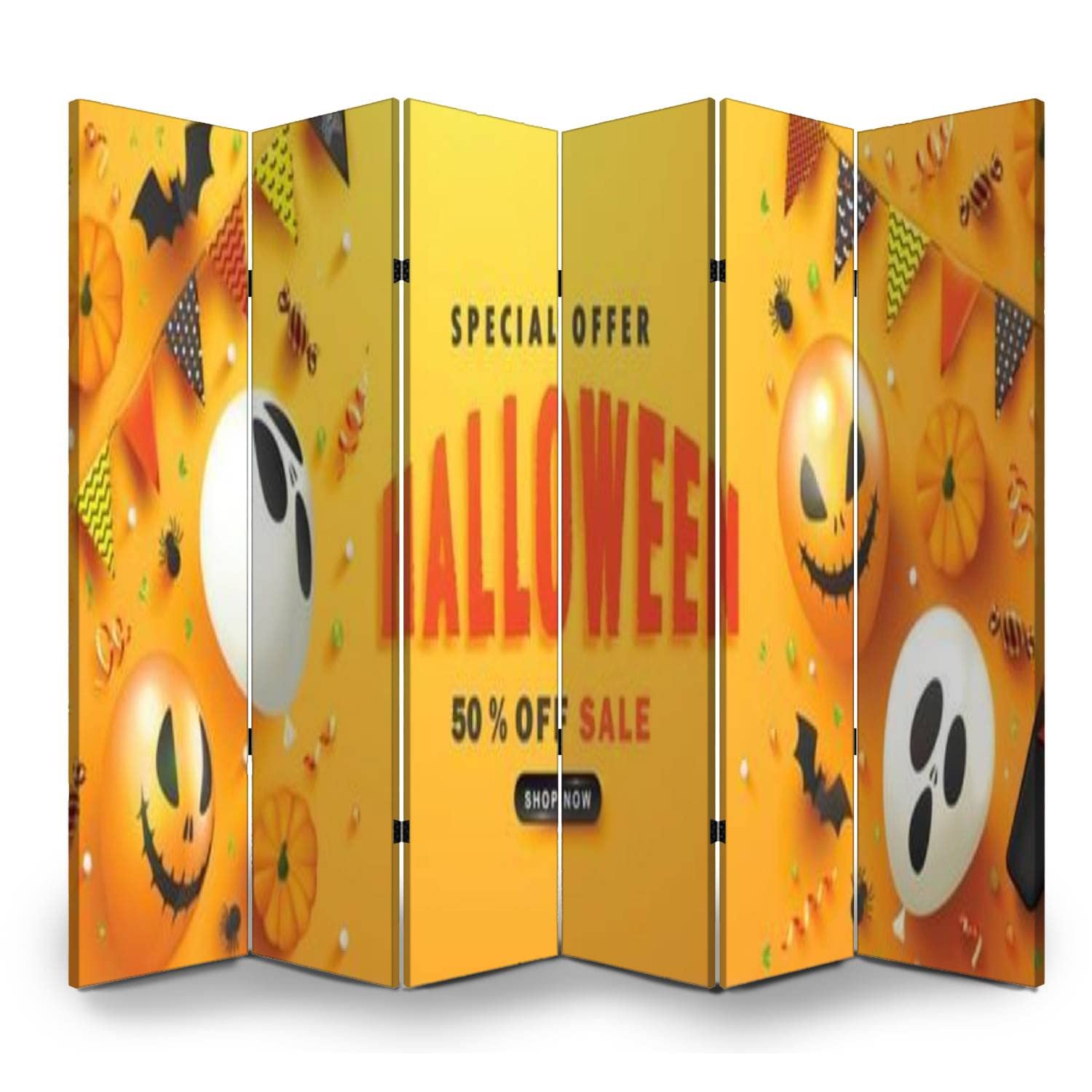 6 Panel Halloween Office Folding Screen - Scary Balloons, Paper Bats & Spiders Canvas Privacy Partition - Room Divider for Home, Office & Bathroom Decor | Perfect for Halloween Parties & Spooky Home Decor