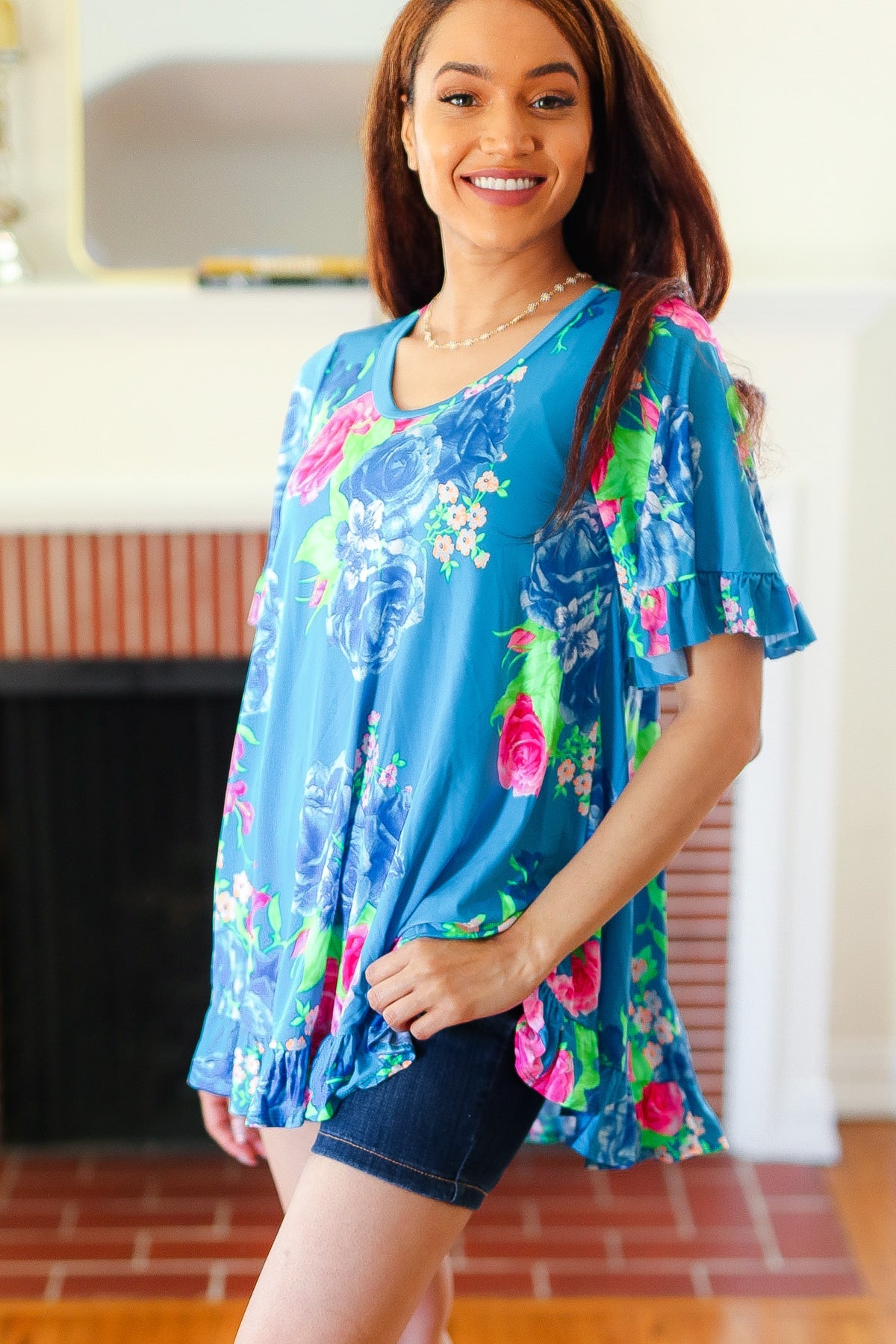 Playful Blue Floral Ruffle Sleeve & Hem Tunic Top for Women - Casual Summer Blouse for Beach, Date Night & Boho Outfits