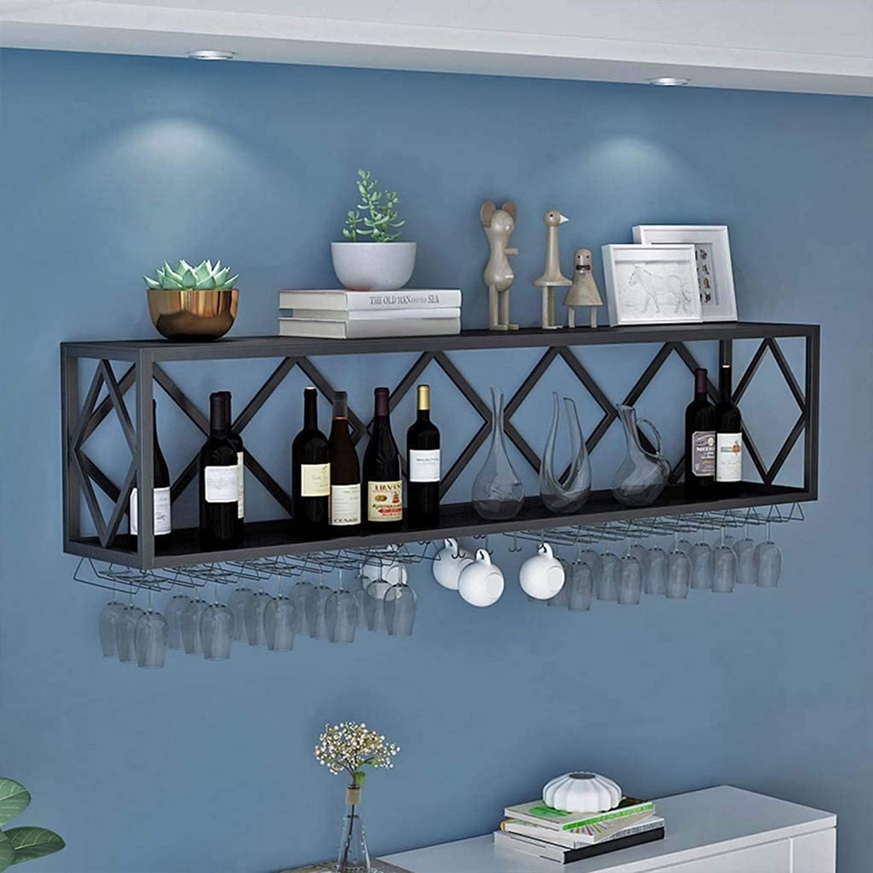 Iron Wall-Mounted Wine Rack with Floating Shelves & Inverted Glass Holder - Multifunctional Bar Storage Unit with Partitions (Black, 100x25x40cm) - Perfect for Home Bars, Kitchen Decor & Wine Enthusiasts