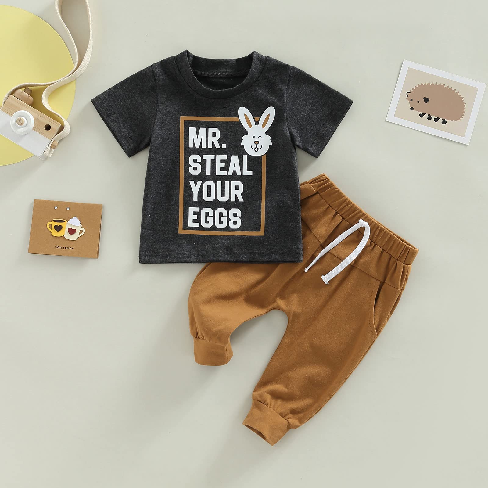 Baby Boy Easter Outfit - Rabbit Print T-Shirt & Pants Set | First Easter Clothes for Boys | Easter Sunday, Photo Shoots & Family Gatherings
