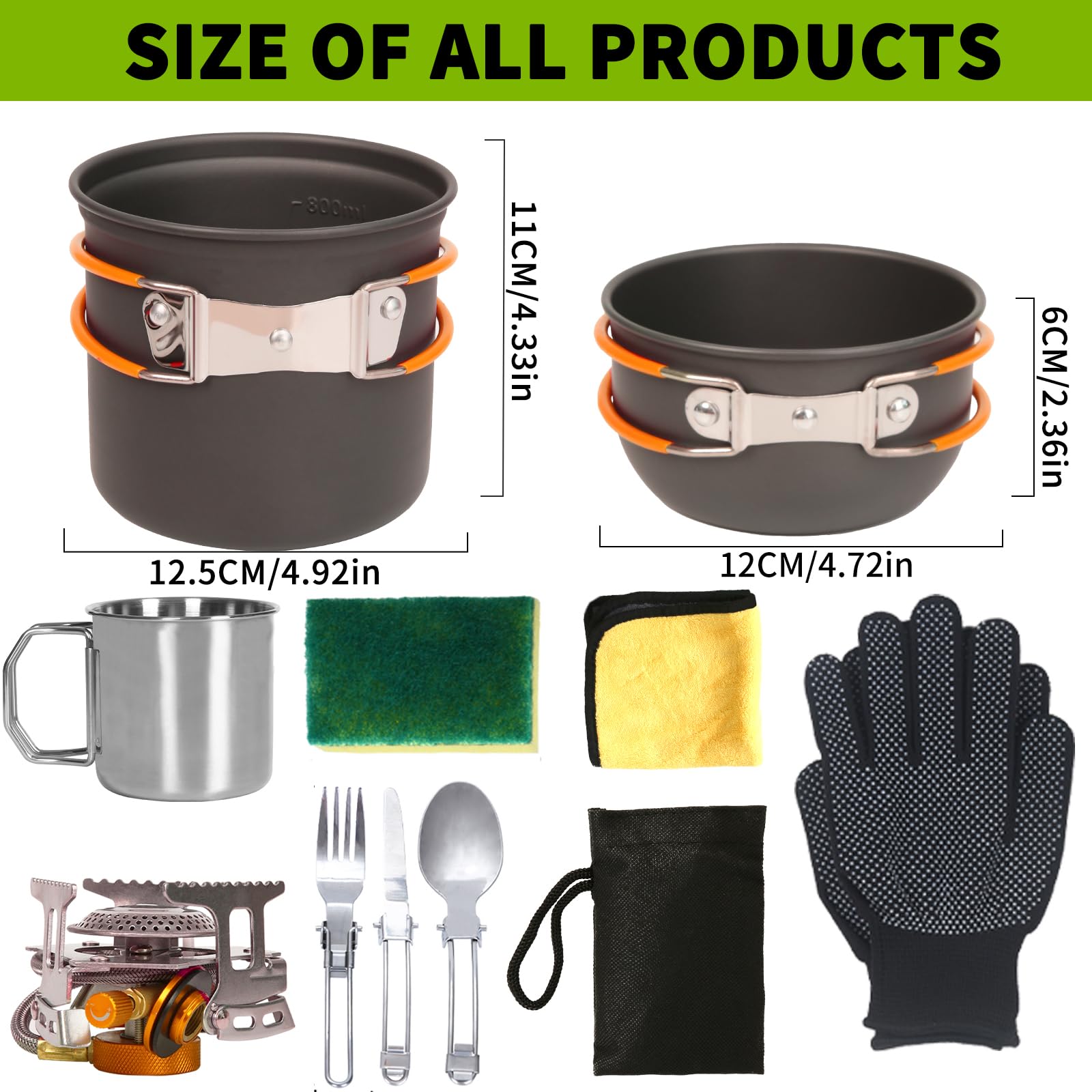 **Portable Camping Mess Kit - Lightweight Backpacking Cooking Set with Pot, Stove, Cup, Utensils & Cleaning Tools for Hiking, Picnic & Outdoor Adventures**