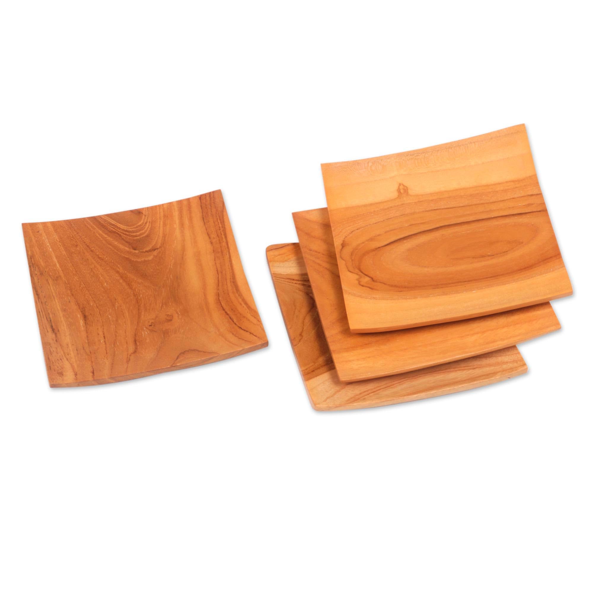Handmade Teak Wood Square Plates Set of 4 - Natural Brown Bali Artisan Dinnerware for Fine Dining | Eco-Friendly Tableware for Restaurants, Weddings & Home Decor [6x6x1 inch]