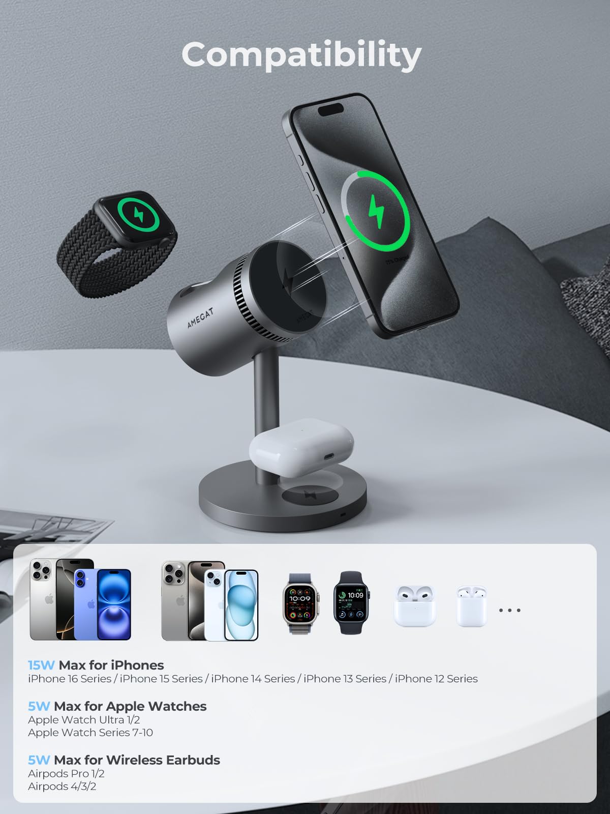 3 in 1 Magnetic Wireless Charging Station - 15W Fast Qi2 Certified Charger with Phone Cooler & 45W PD Adapter - Compatible with iPhone 16/15/14/13/12, Apple Watch & AirPods - Perfect for Home, Office & Travel Charging Needs
