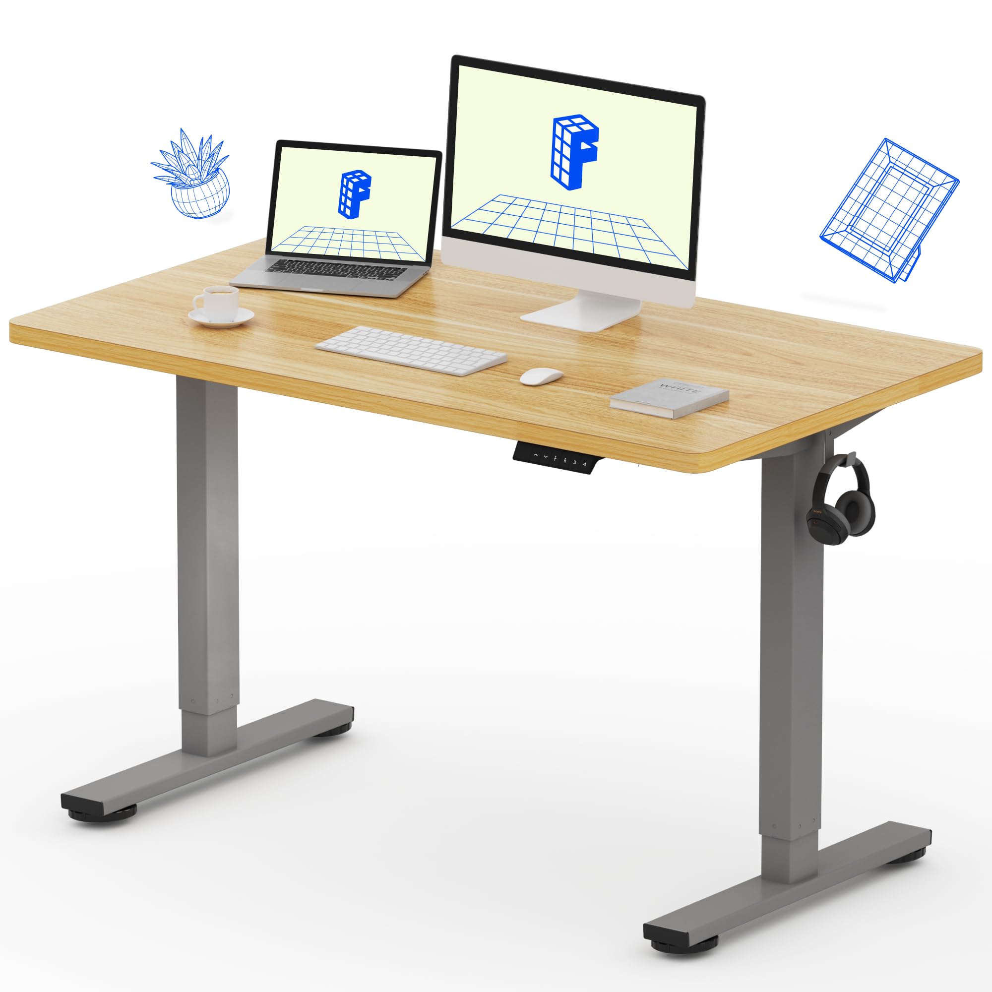 FLEXISPOT EN1 48x24 Inch Electric Height Adjustable Standing Desk - Silver Frame & Natural Wood Top - Ergonomic Home Office Desk for Work from Home & Gaming Setup (2 Packages)