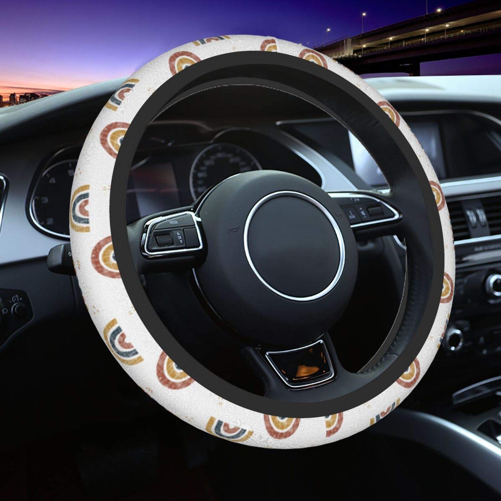 Rustic Bohemian Retro Rainbow Steering Wheel Cover for Cars - Universal 15 Inch Design for Women, Men & Girls - Enhance Comfort & Style for Daily Commutes & Road Trips
