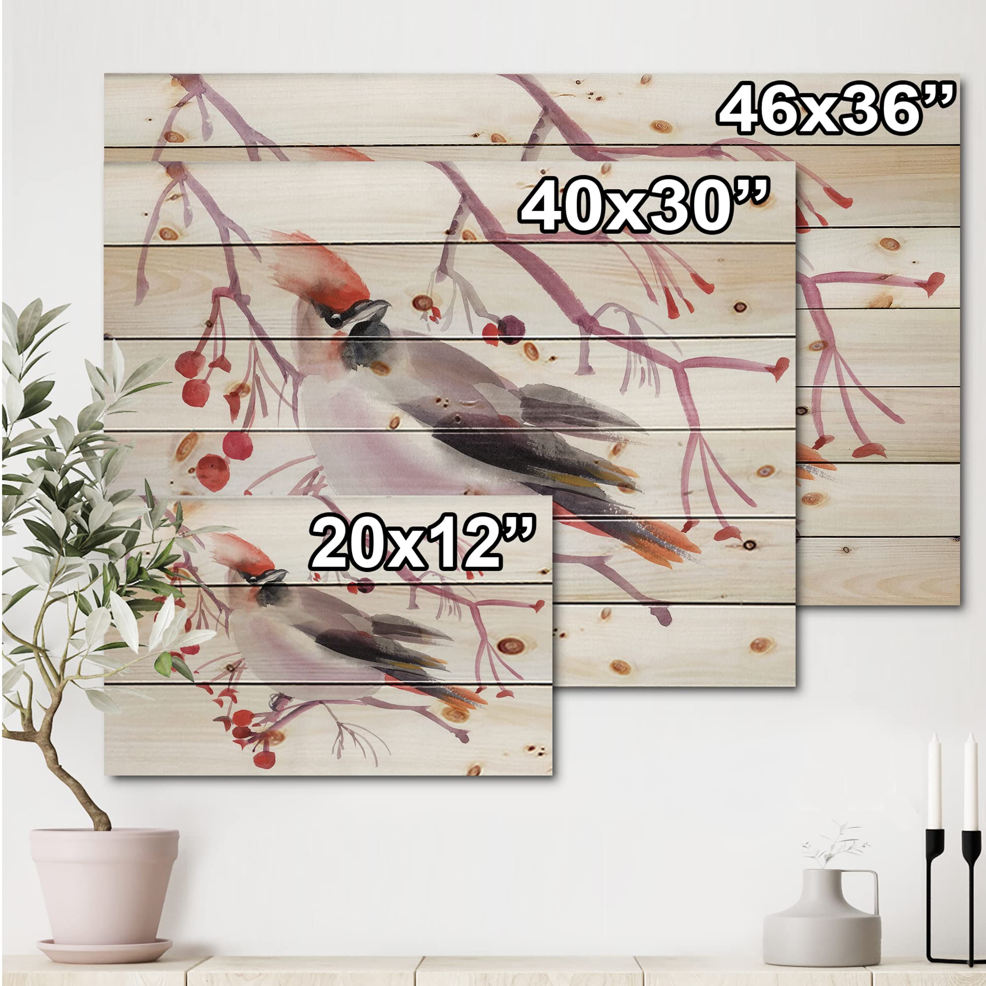 DesignQ Waxwing Bird on Branch Traditional Wood Wall Art - Handcrafted Red Wood Decor, Large Animal Print on Natural Pine Wood Panel - Perfect for Living Room, Bedroom & Office Decor
